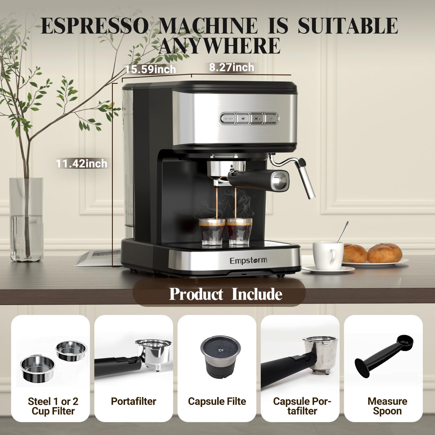 2 in 1 Espresso Maker with 20 Bar Pressure & 2-Pack 2oz Shot Glasses - Perfect for Home Baristas, Coffee Shops & Office Use