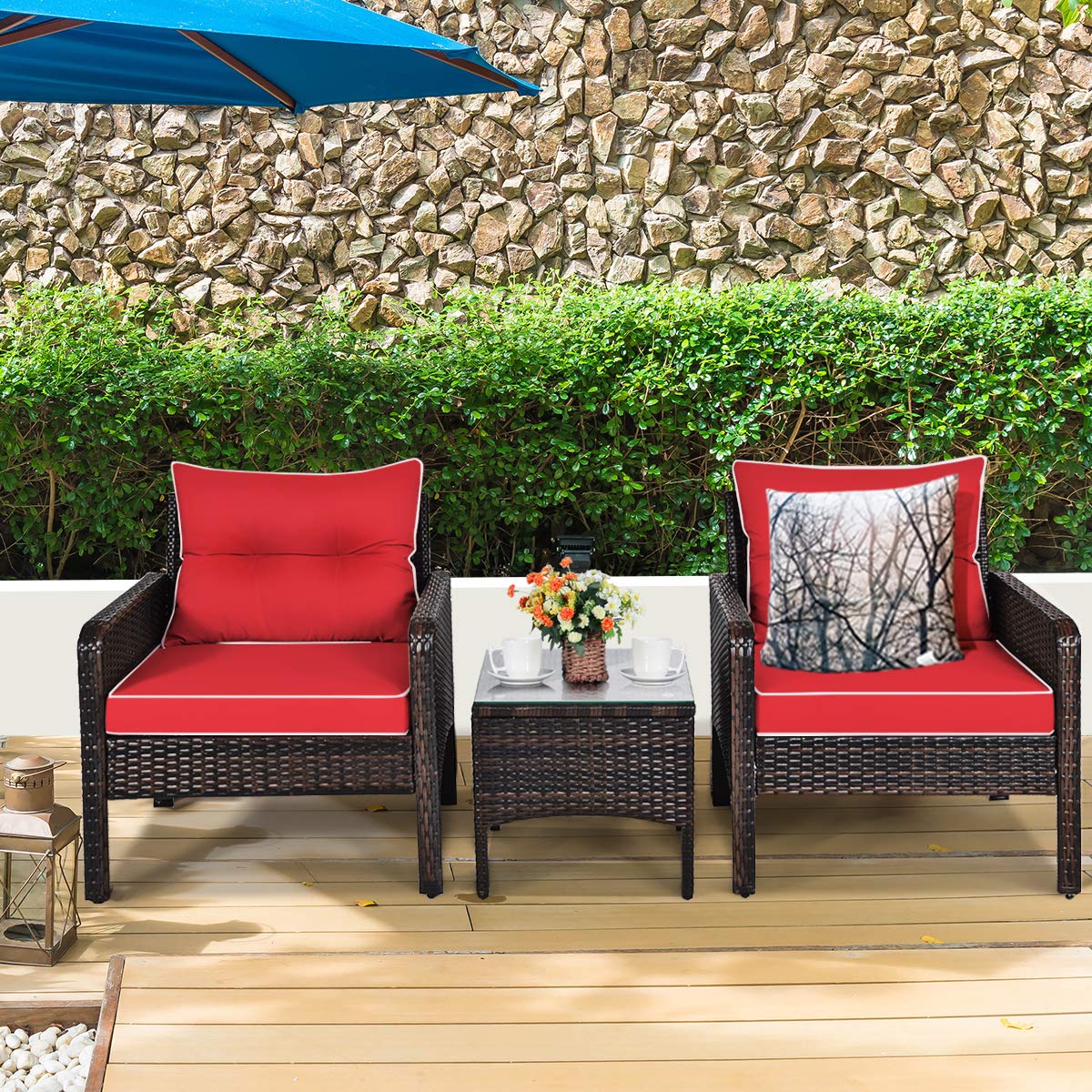 Tangkula 3-Piece Outdoor Patio Furniture Set - All-Weather Wicker Chairs with Glass Coffee Table & Thick Cushions - Red 2-Seater Garden, Poolside, Backyard, Porch Furniture for Relaxing & Entertaining