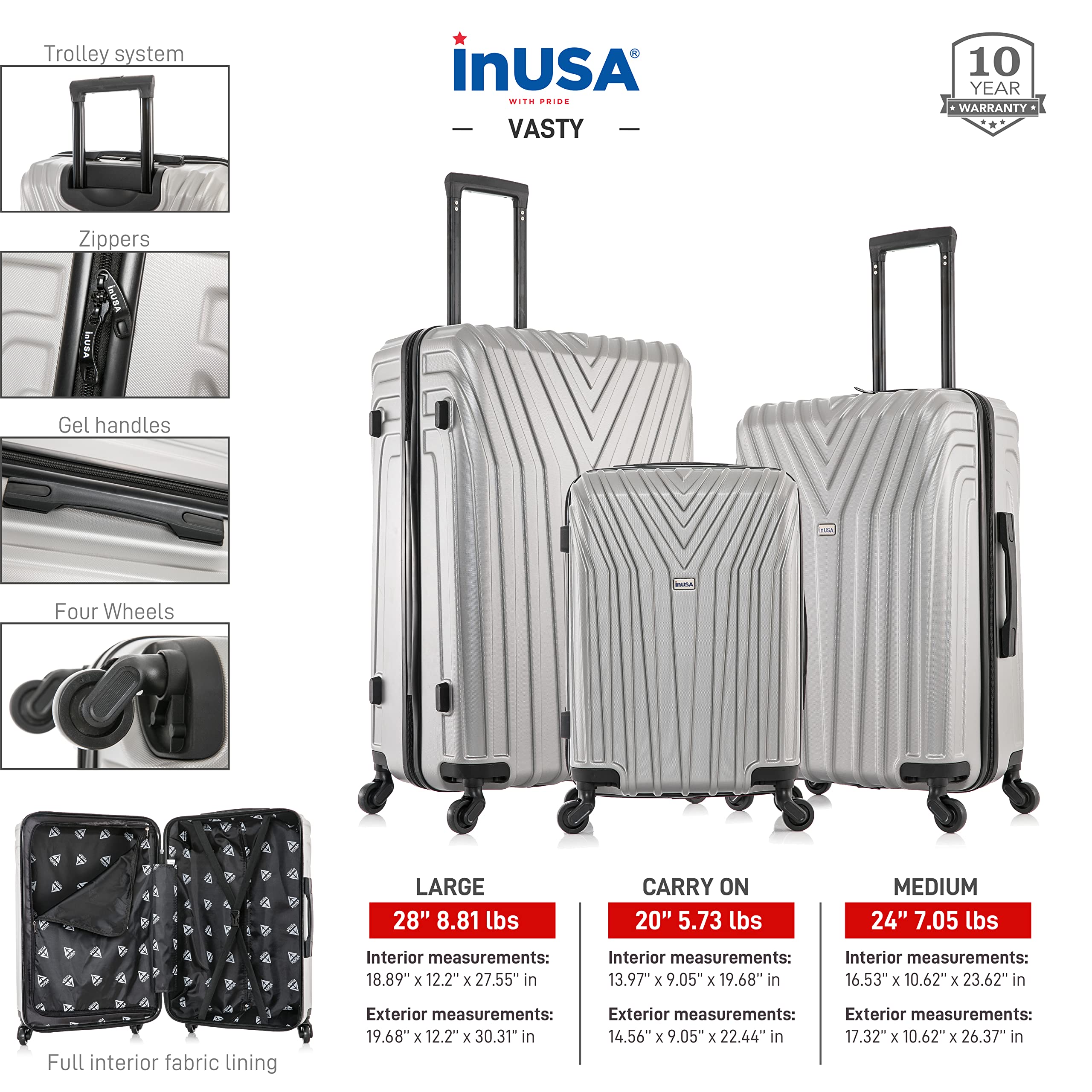 InUSA VASTY 3-Piece Hardshell Spinner Luggage Set (20in, 24in, 28in) - Lightweight Durable Suitcase with Trolley Handle for Air Travel, Business Trips & Family Vacations - Grey