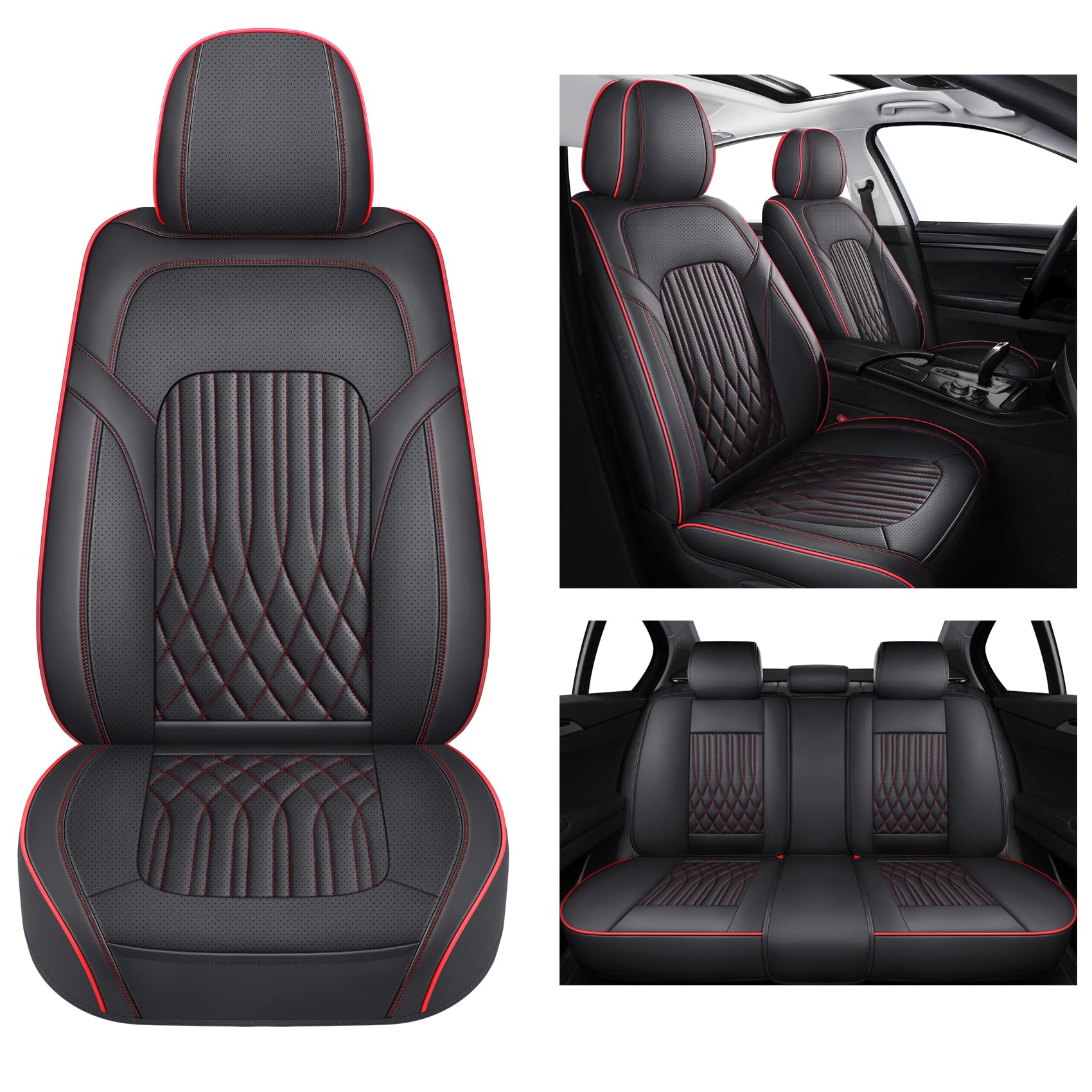 Premium Faux Leather Car Seat Covers Full Set - Universal Fit for Most Sedans & SUVs | Super Breathable, Full Wrapping Edge with Storage Bags | Red & Black | Perfect for Daily Commute, Road Trips & Family Travel