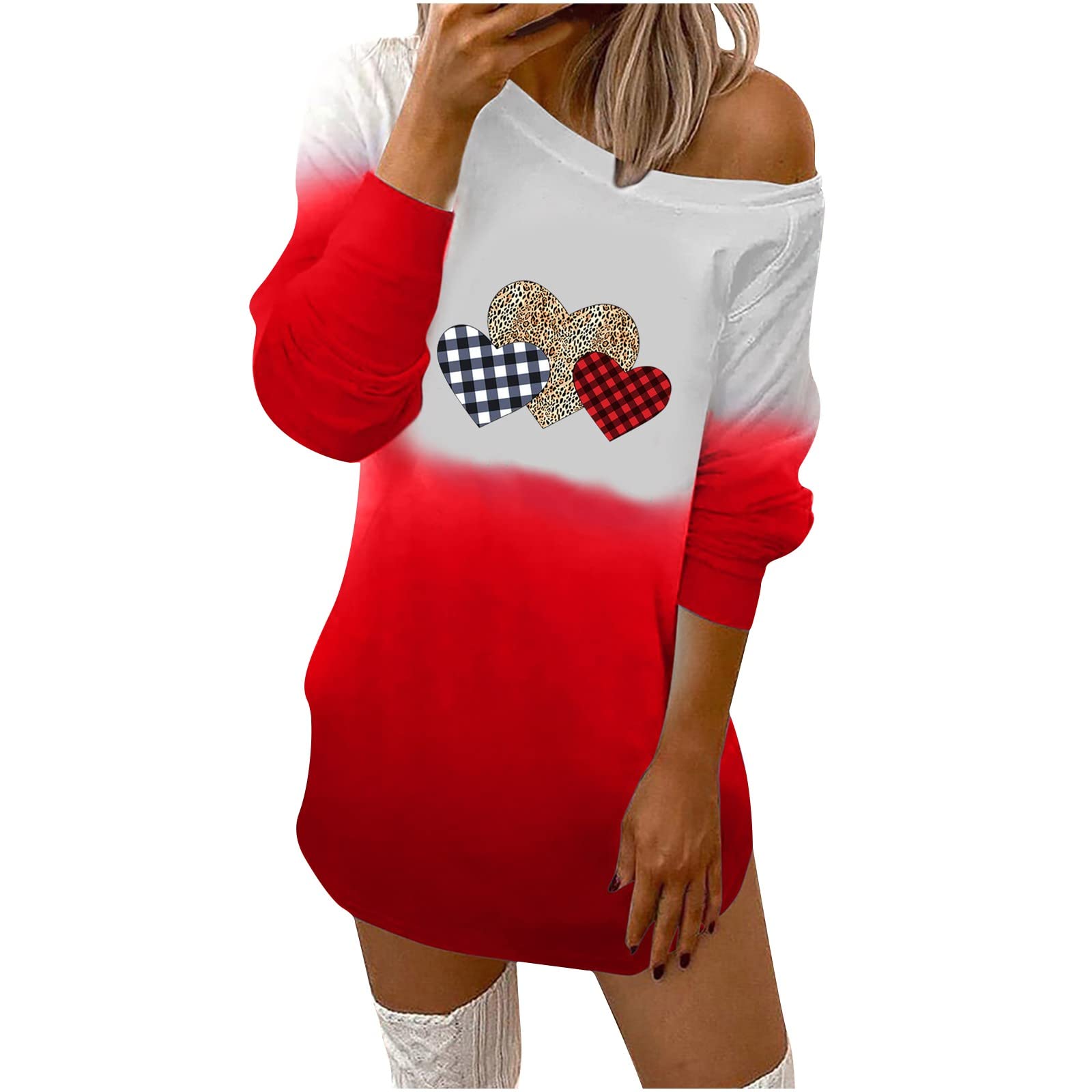 Sexy Off Shoulder Valentine's Day Dress for Women - Long Sleeve Plaid Heart Pullover Mini Sweatshirt Dress | Perfect for Date Night, Party & Romantic Occasions