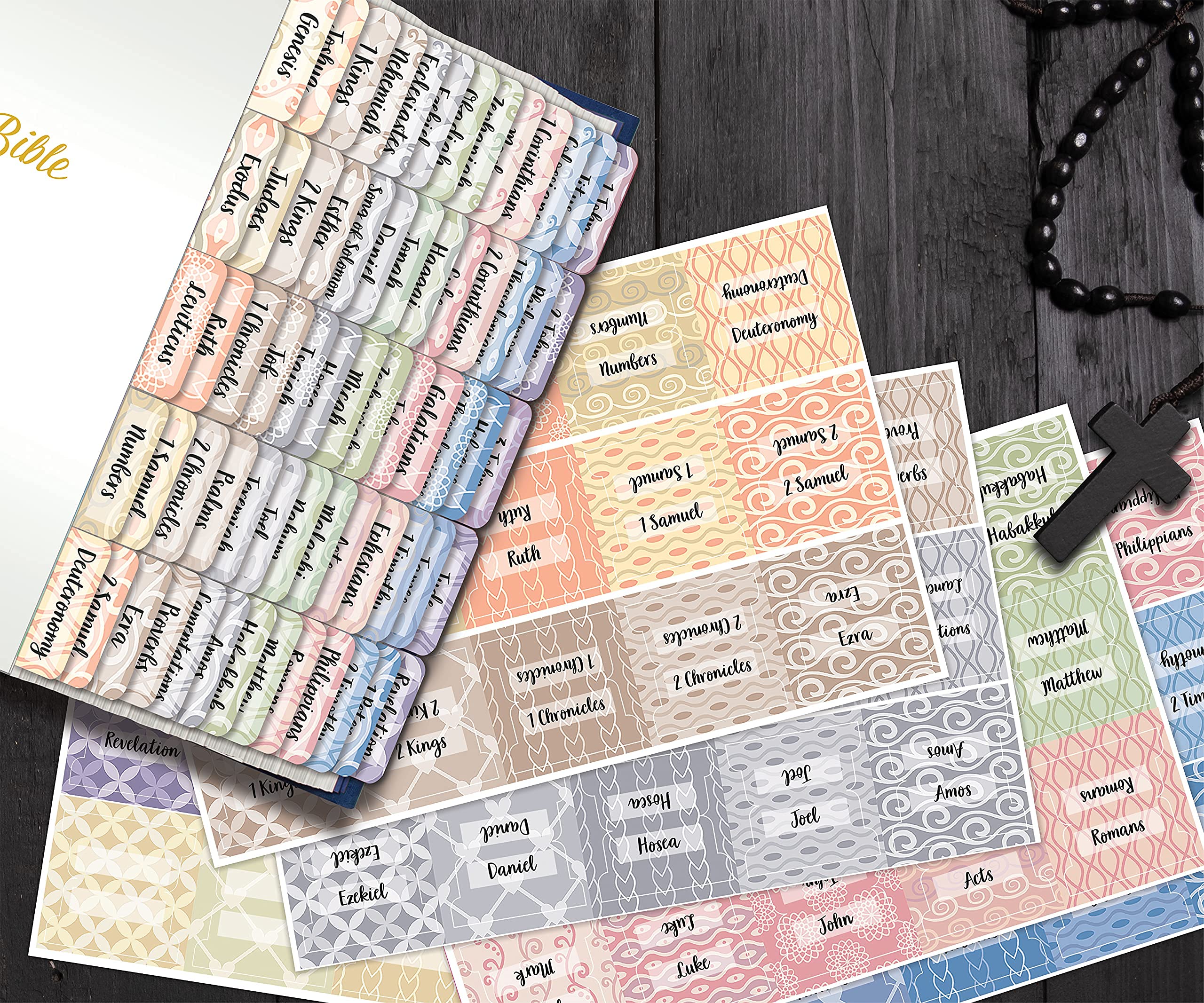 Better Office Products Bible Tabs - 75 Laminated Index Tabs for Old & New Testament (66 Book Names + 9 Blank Tabs), Christian Bible Journaling Supplies with Harmonious Themed Backgrounds - Perfect for Bible Study, Scripture Organization & Church Group Activities