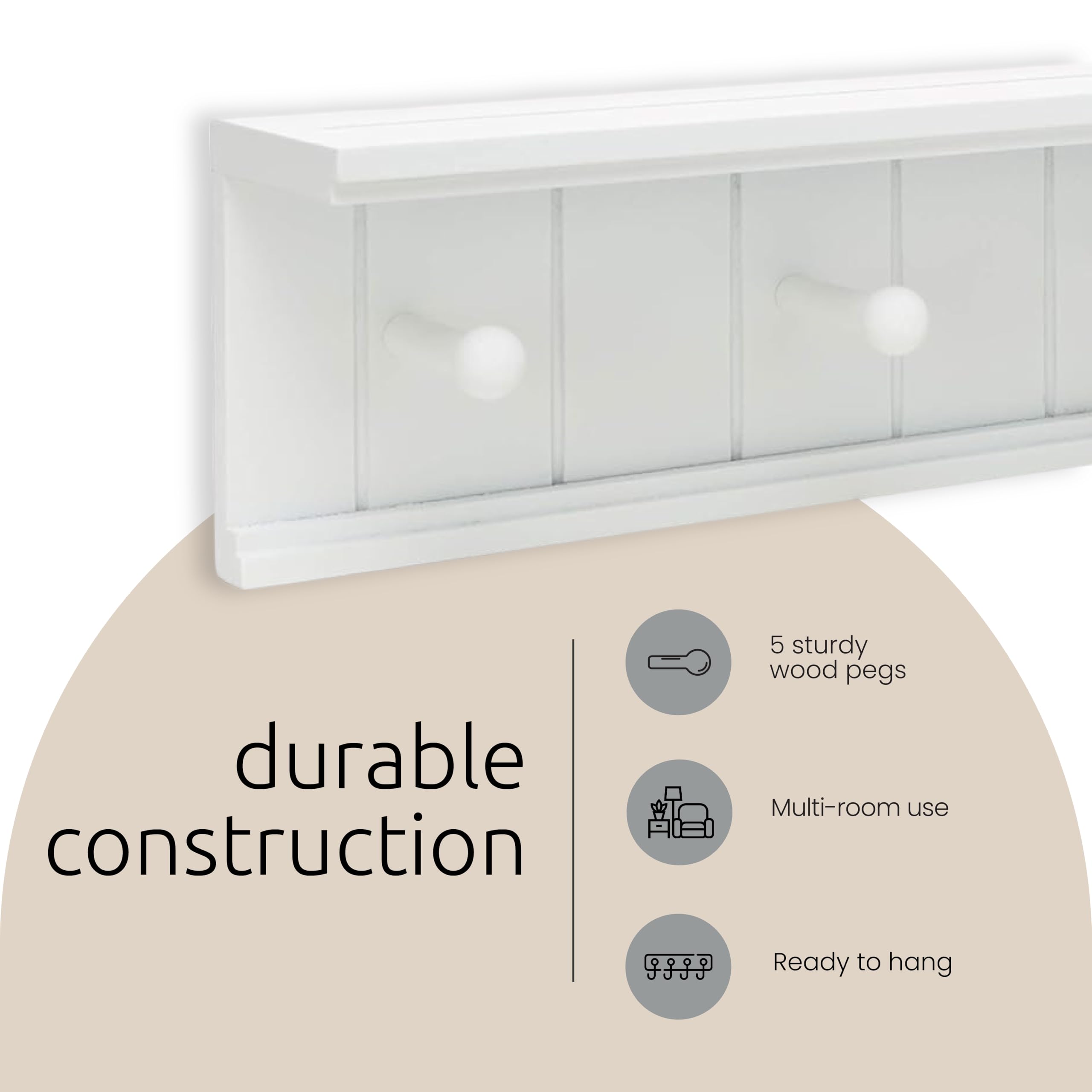 Kiera Grace Kian Floating Shelves - Modern Wall Mounted Hanging Shelf with 5 Pegs, White Coat Rack for Office, Living Room & Entryway - 24 Inch, 1 Pack
