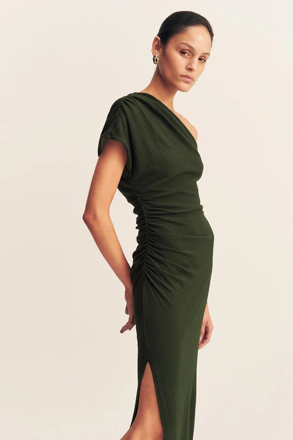 Beau Asymmetrical Midi Dress in Army Green - Women's Fashion A-Line Flowy Dress for Casual Outings, Date Nights & Special Occasions