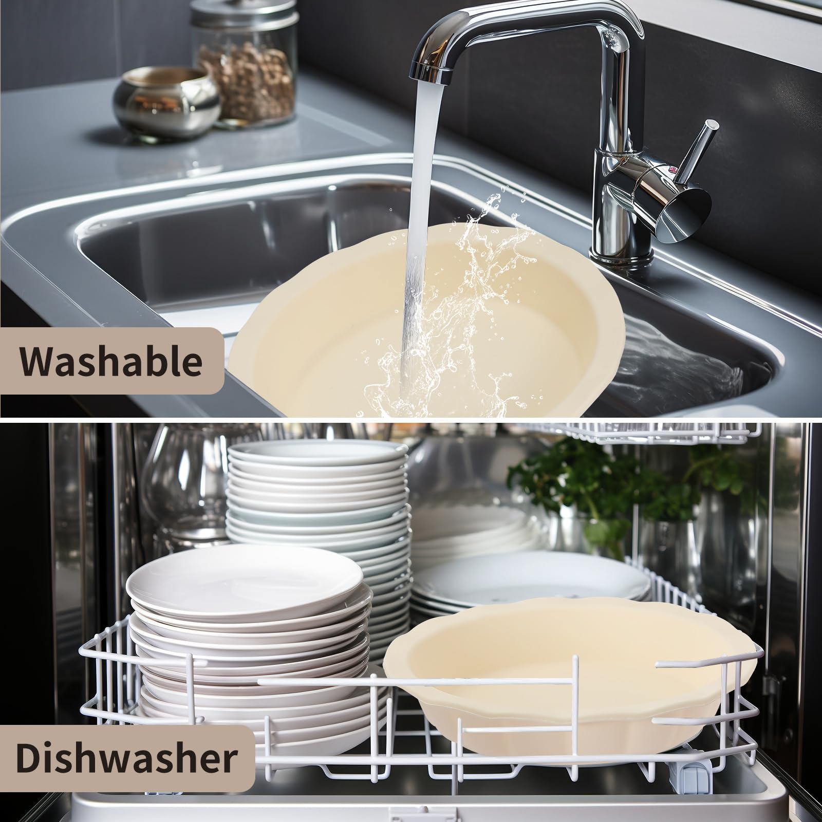 Non-Stick Silicone Pie Pans for Baking - 9 Inch Reusable Pie Dish with Corrugated Edge, Dishwasher & Microwave Safe (Beige) - Perfect for Thanksgiving, Christmas Desserts & Homemade Pies