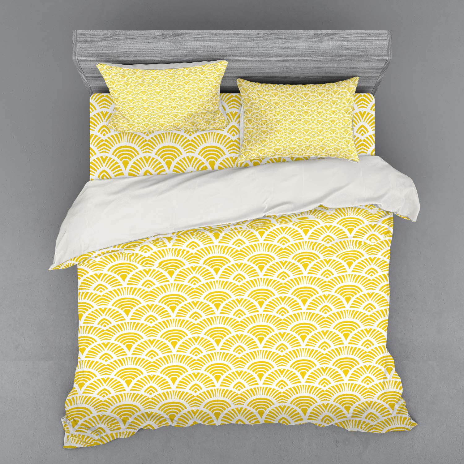 Ambesonne Vintage Yellow Bedding Set - Hand Drawn Oriental Geometric Duvet Cover with Shams & Fitted Sheet, King Size Cream Yellow - Perfect for Boho & Vintage Style Bedrooms