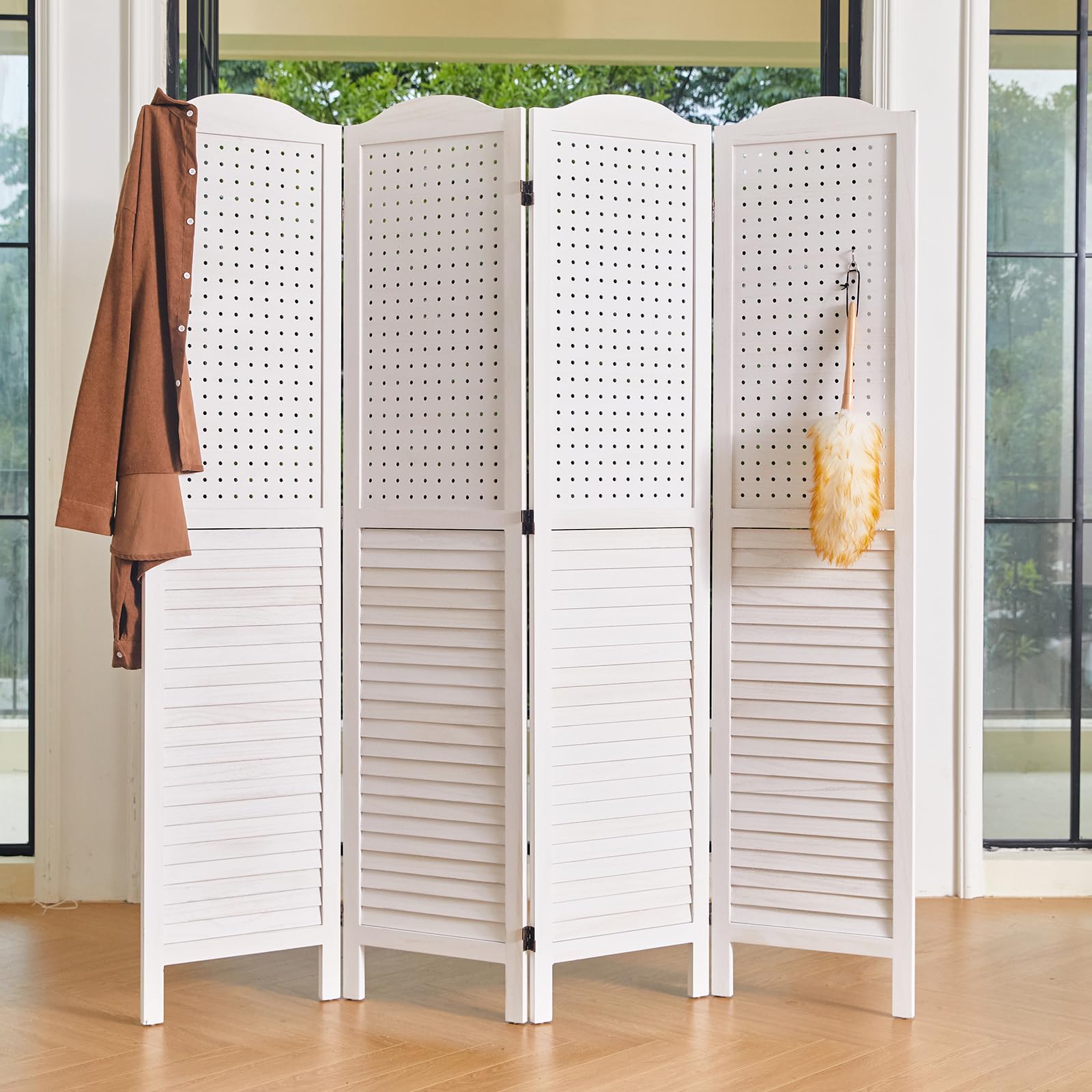 5.75Ft Wooden Freestanding 4-Panel Pegboard Display - Multifunctional Privacy Screen & Room Divider for Craft Fairs, Jewelry Displays, Trade Shows & Home Organization (White) - Perfect for Retail Stores, Craft Booths & Office Partitions