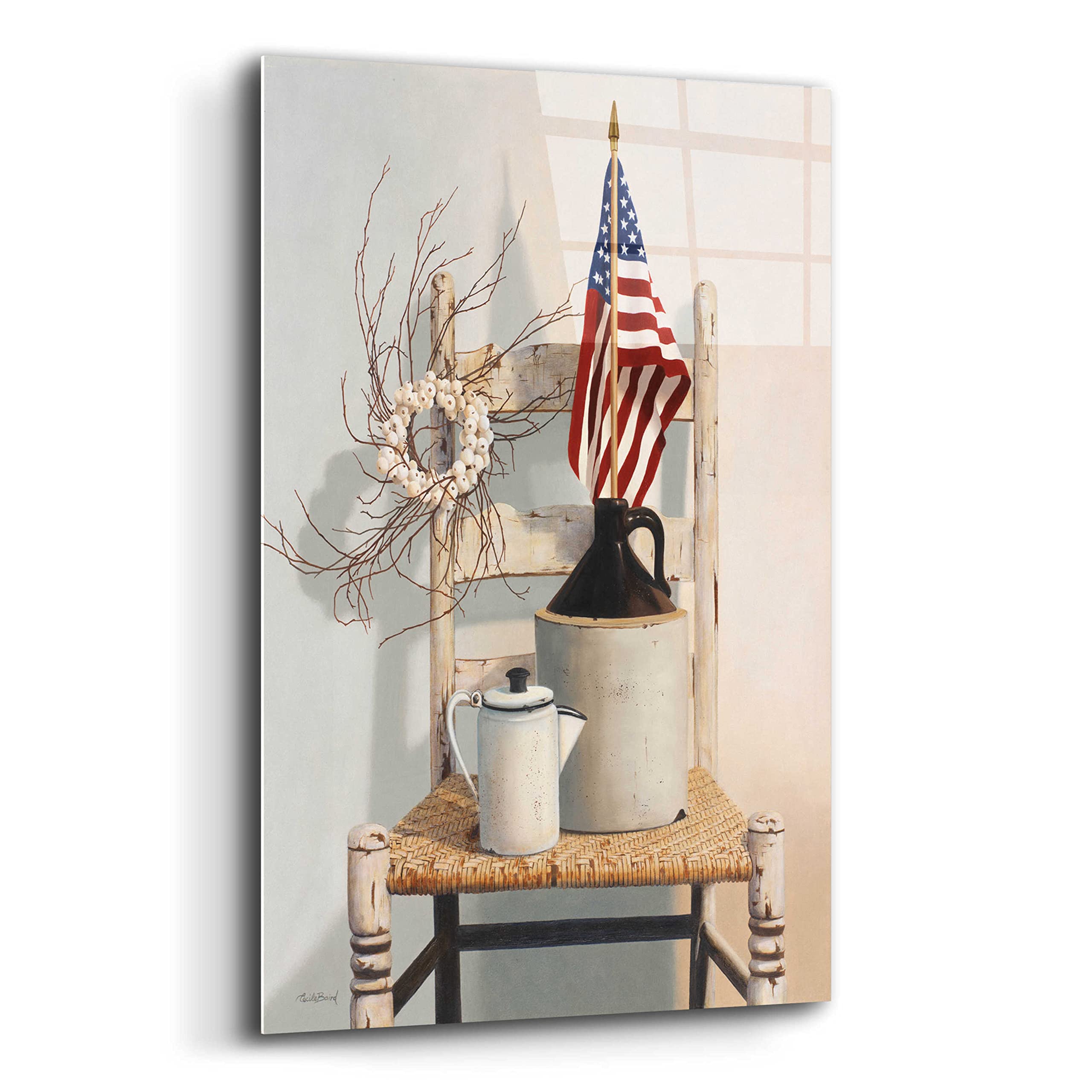 Epic Art 'Chair With Jug And Flag' by Cecile Baird - 16x24 Inch Acrylic Glass Wall Art Painting - Modern Home Decor for Living Room, Bedroom & Office