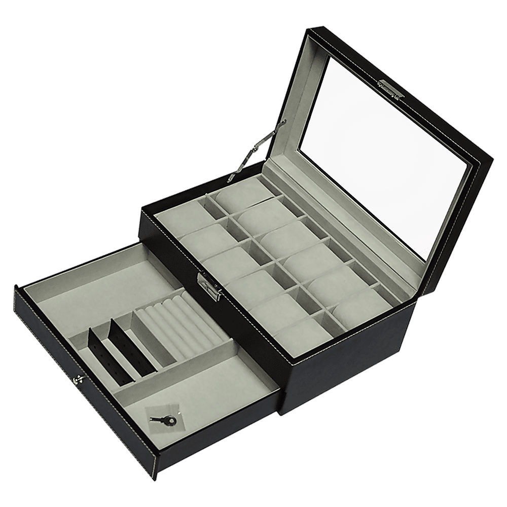 12-Slot Leather Watch Display Case with Lock & Key - Jewelry Storage Box Organizer for Men's Watches & Accessories - Perfect for Retail Stores, Watch Collections & Gift Presentation