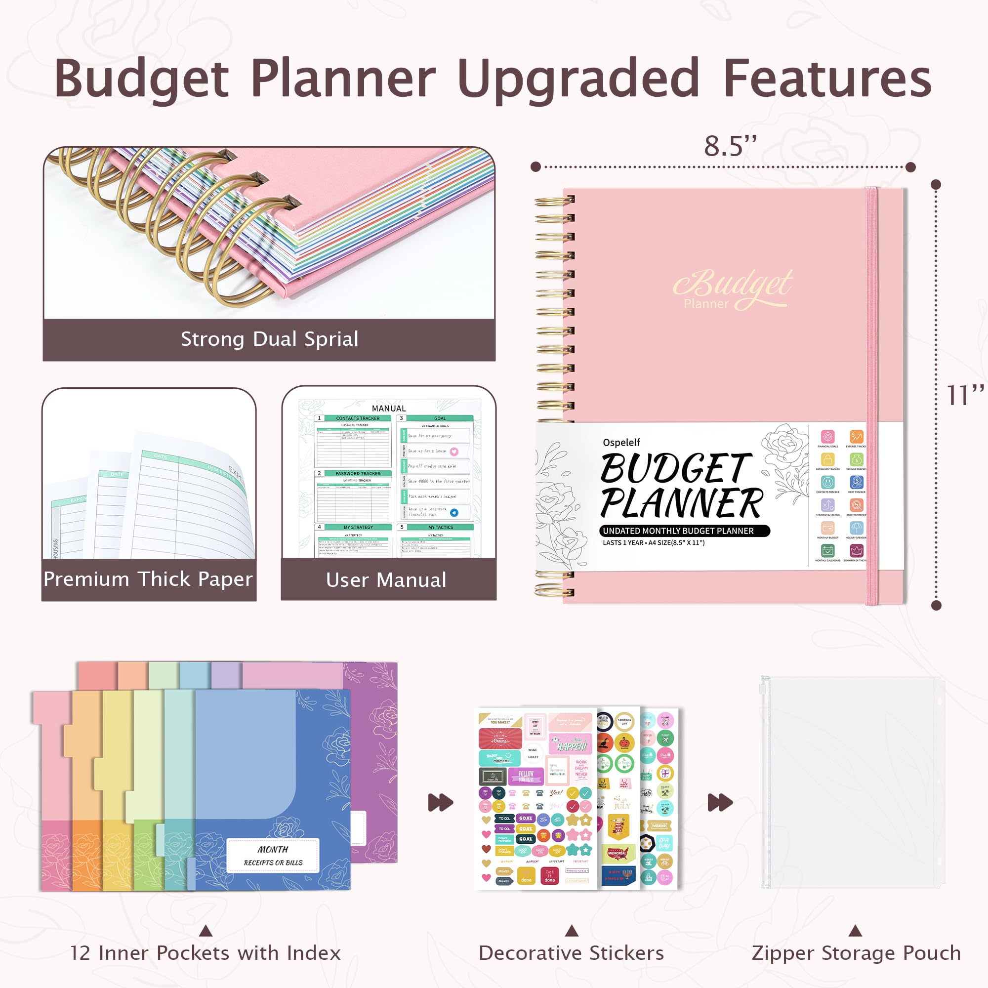 Ospelelf 2025 Budget Planner - Spiral Monthly Bill Organizer with Stickers, 8.5 x 11 Financial Planner & Expense Tracker, Undated Budget Book with 12 Pockets & Zipper Pouch (Pink) - Perfect for Personal Finance Management, Bill Tracking, and Money Saving Goals