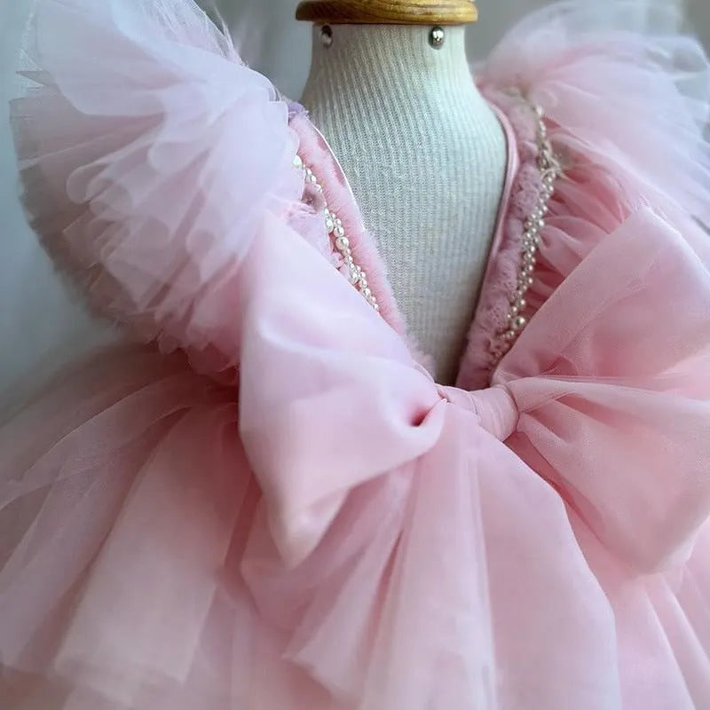 Exquisite Flower Girl Dress with Pleated Skirt, Pearl Beading & Floral Appliques – Elegant Mesh Princess Wedding Dress for Special Occasions