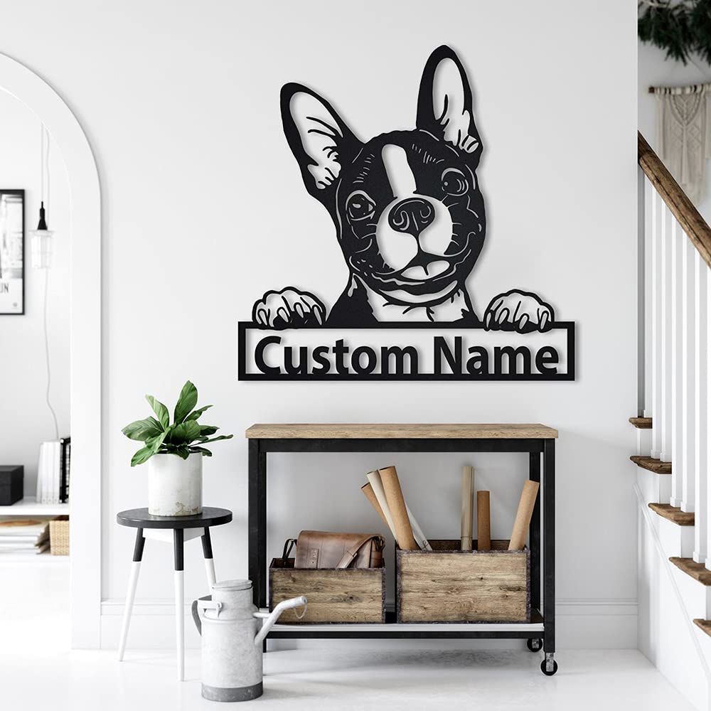 Custom Personalized Boston Terrier Dog Metal Sign Art - Engraved Pet Name Plaque - Unique Dog Lover Gift for Men & Women - Perfect for Home Decor, Office, or Kennel Wall Art
