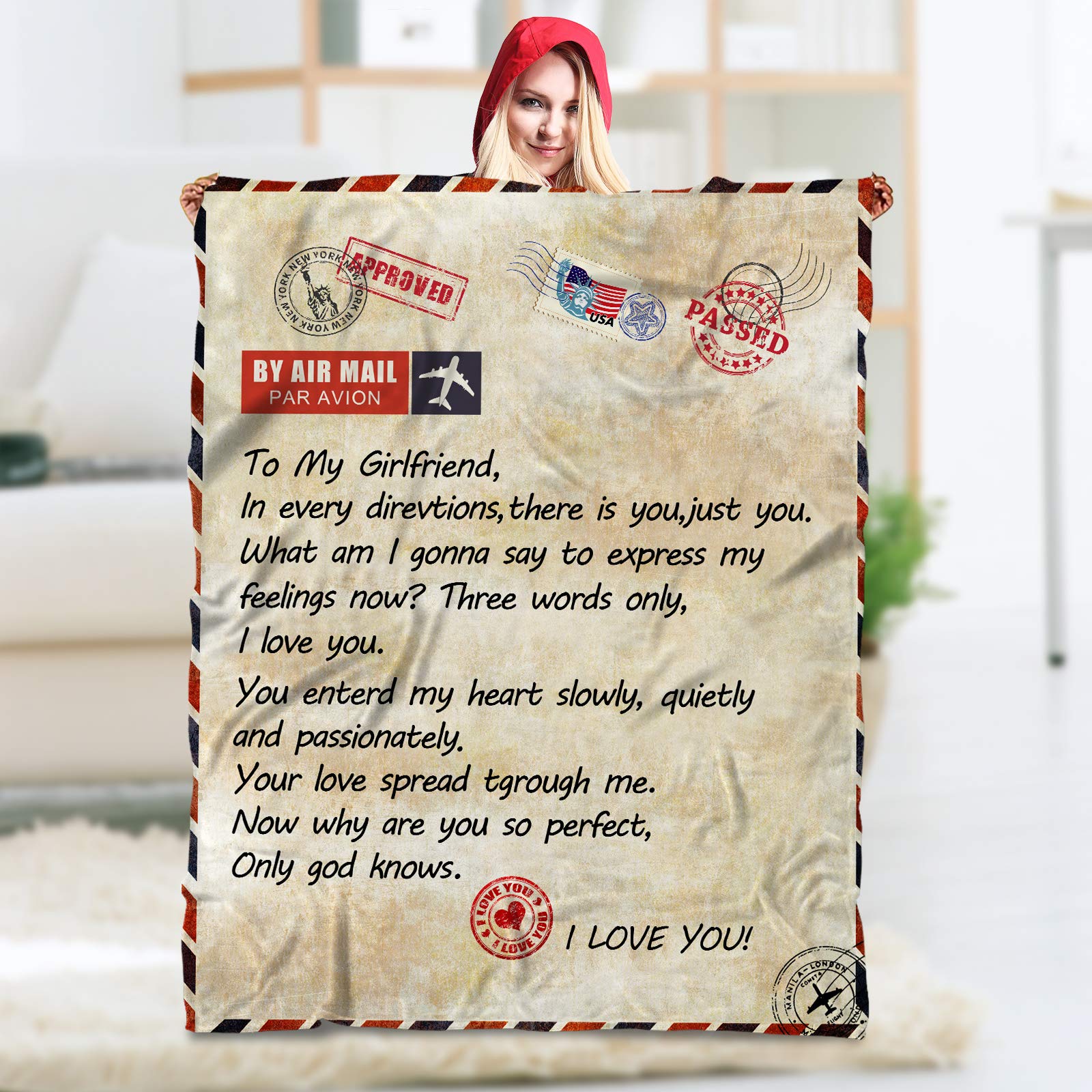 Personalized Custom Birthday Throw Blanket for Girlfriend - Soft Airmail Blanket for Couch, Bed & Travel - Romantic Gift for Her, Anniversary & Valentine's Day