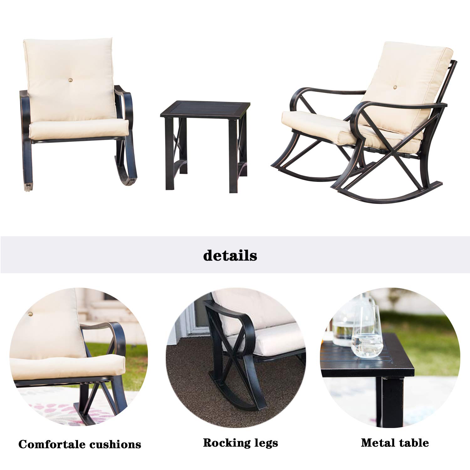 Patio Festival® 3-Piece Metal Outdoor Rocking Chair Bistro Set with Coffee Table & Thick Cushions - Durable Conversation Set for Backyard, Lawn, Porch, Poolside | Perfect for Relaxing, Entertaining & Outdoor Dining
