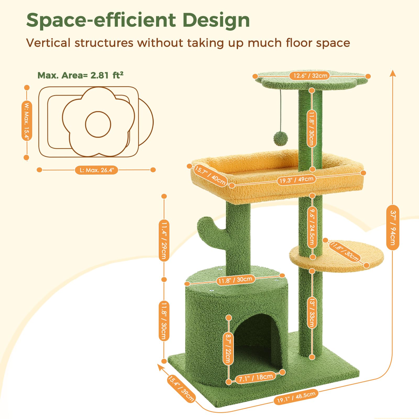 Made4Pets 36.5 Inch Multi-Level Cactus Cat Tree with Scratching Posts & Plush Perch - Indoor Cat Tower with Private Condo for Kittens & Small Cats - Perfect for Play, Rest & Scratching in Home or Office