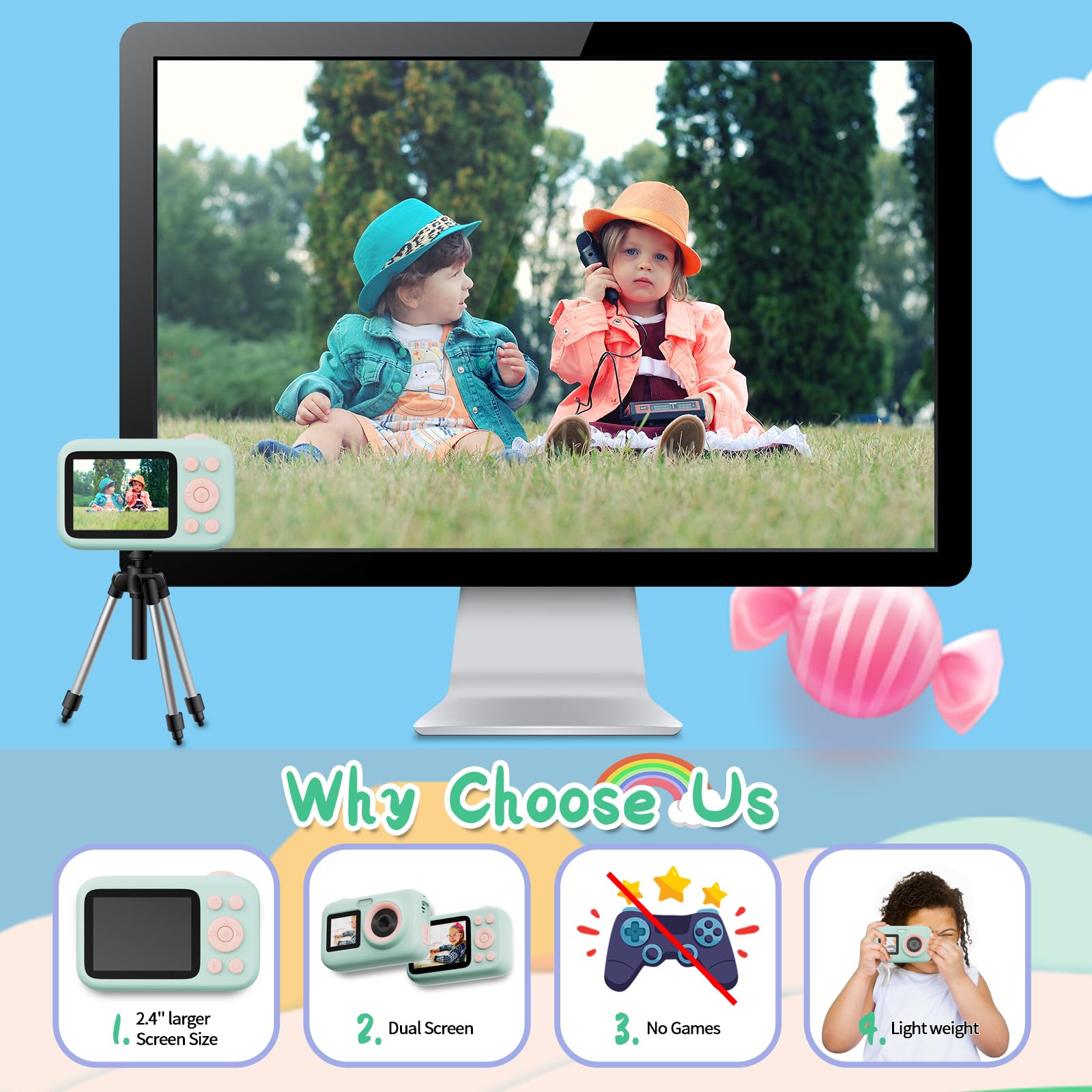 SJCAM Kids Camera with Dual Screen - 1080P HD 44MP Digital Video Camera for Children Ages 3-10, Perfect Christmas & Birthday Gift for Boys & Girls - Portable Toy Camera for Toddlers (Great for Travel, Parties & Outdoor Adventures)