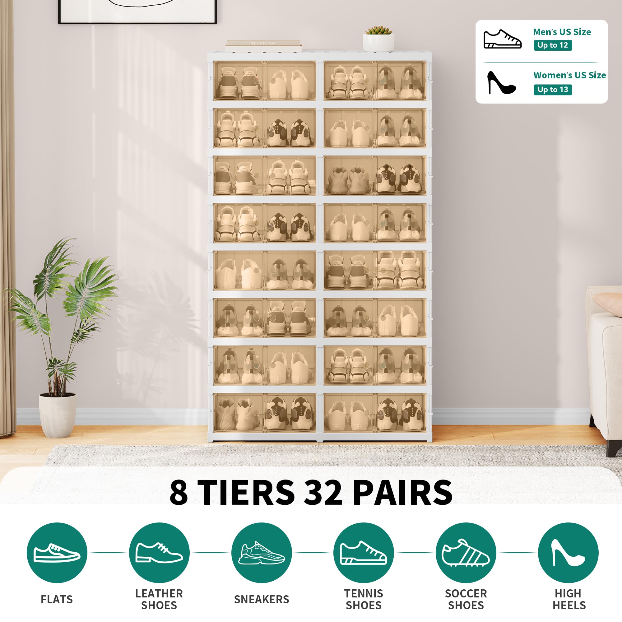 YITAHOME 8-Tier 32-Pair Shoe Rack with Magnetic Doors - Foldable Shoe Storage Cabinet for Entryway, Closet & Living Room - Space-Saving Sneaker Organizer for Small Spaces (White) | Perfect for Apartments, Dorms & Home Organization