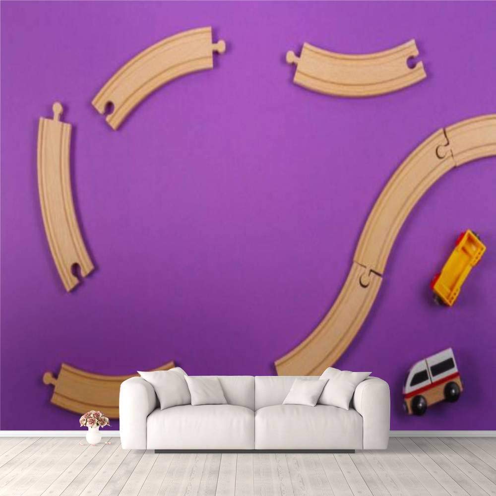 3D Self-Adhesive Wallpaper - Toy Train & Wooden Rails Design on Purple Background | Peel & Stick Wall Mural for Bedroom, Living Room, Dorm Decor | Easy to Apply on Walls, Ceiling & Wardrobes | Perfect for Kids Rooms, Playrooms & Nursery Decor