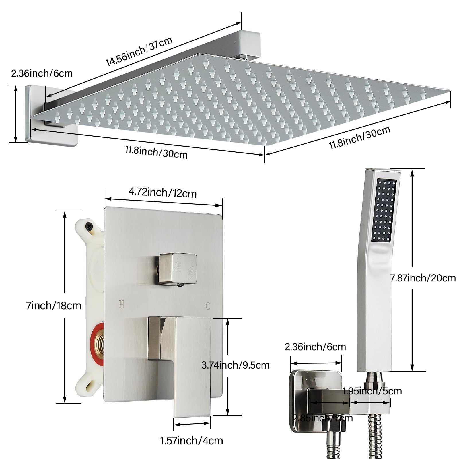 Brushed Nickel Shower Faucet Set - 12 Inch Rain Shower Head & Handheld Sprayer Combo with Brass Valve | Wall Mounted Bathroom Fixture for Luxurious Spa-Like Experience