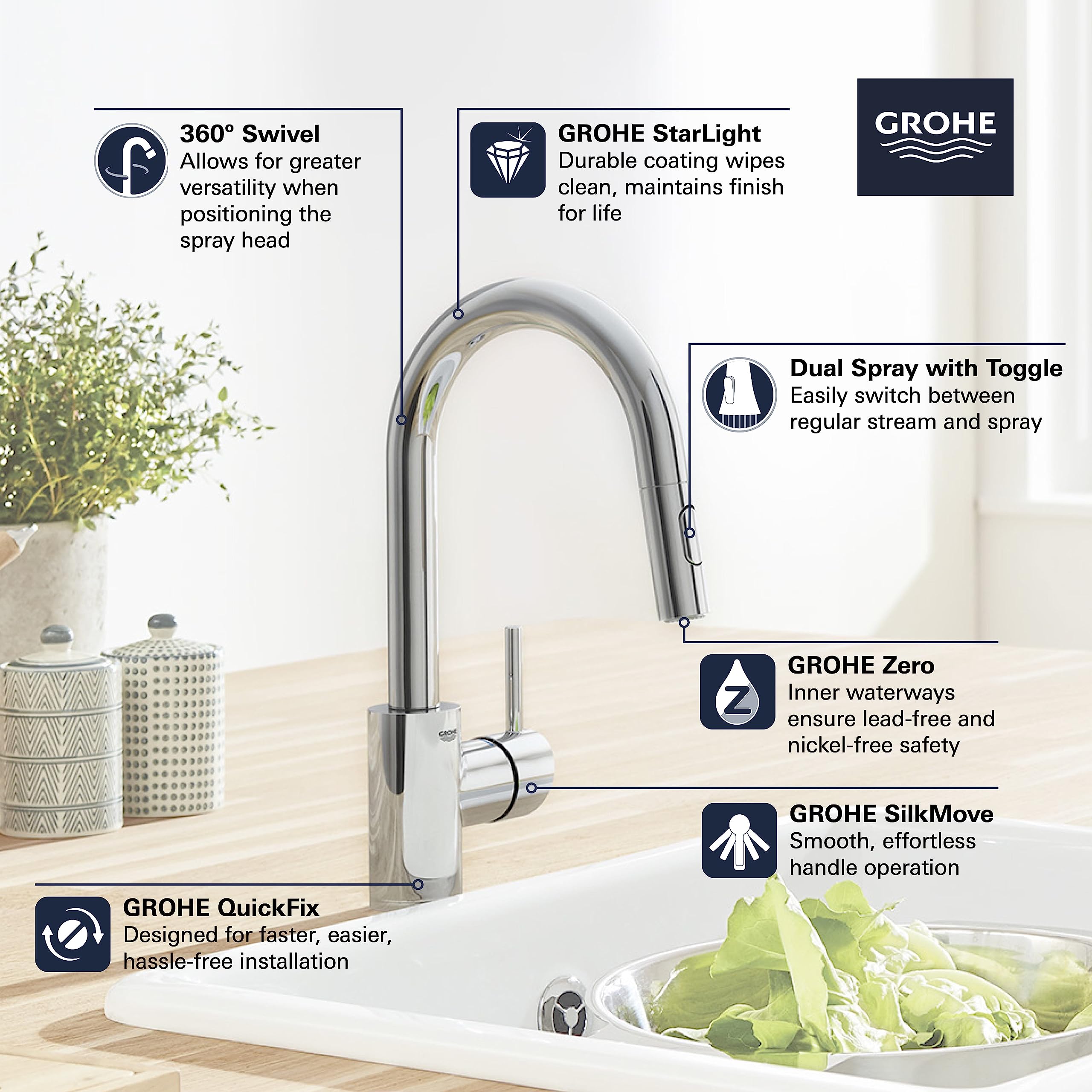 GROHE 31479001 Concetto Prep Kitchen Faucet Chrome - Modern Pull-Down Sprayer Faucet for Kitchen Sink, Perfect for Cooking, Washing Dishes & Food Prep