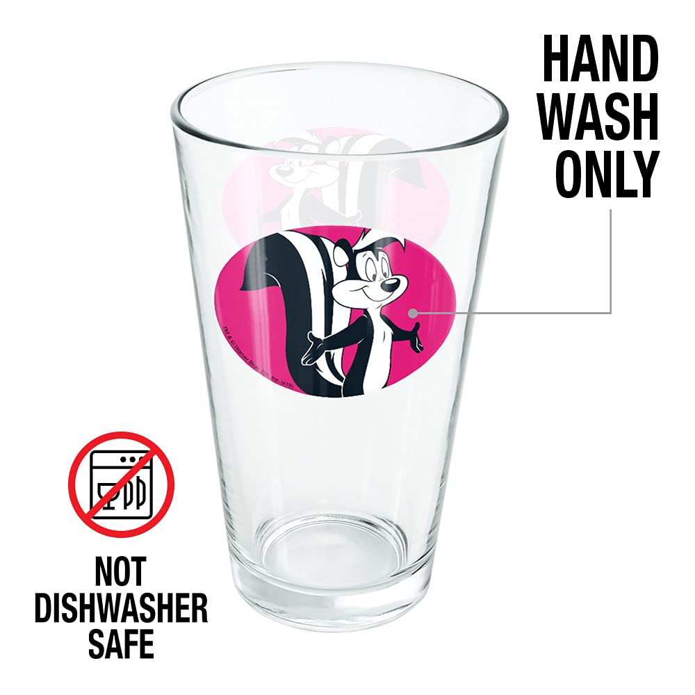 LOGOVISION Looney Tunes Pepe Le Pew 16oz Pint Glass - Durable Tempered Glass with Officially Licensed Design - Perfect Gift for Fans - Great for Beer, Soda, Water & Cold Beverages - Ideal for Parties, Home Bars & Collectors