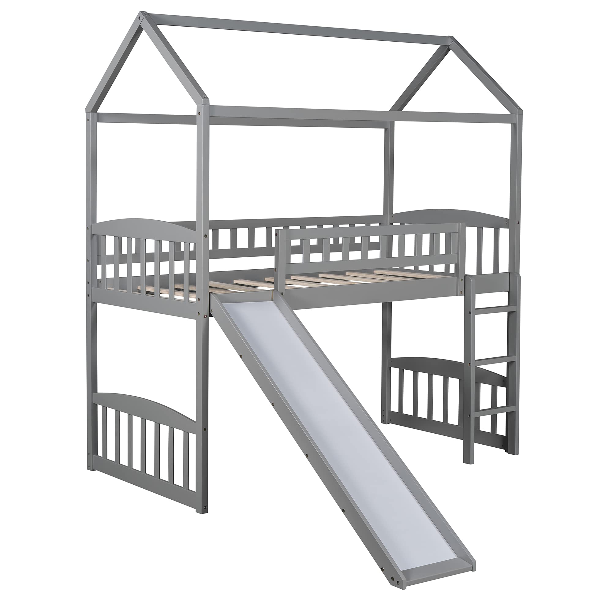 Harper & Bright Designs Twin Loft Bed with Slide, Ladder, Headboard & Footboard - Playhouse Loft Bed for Kids & Toddlers (Girls/Boys) - Gray - Perfect for Small Bedrooms, Playrooms & Kids' Sleepovers