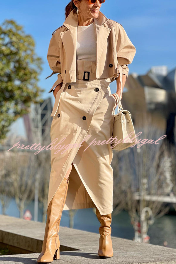 Elegant Work Style Lapel Long Sleeve Blazer & Button Belt Pocketed Slit Midi Skirt Set - Professional Office Outfit for Women | Business Casual Attire for Work, Meetings & Formal Events