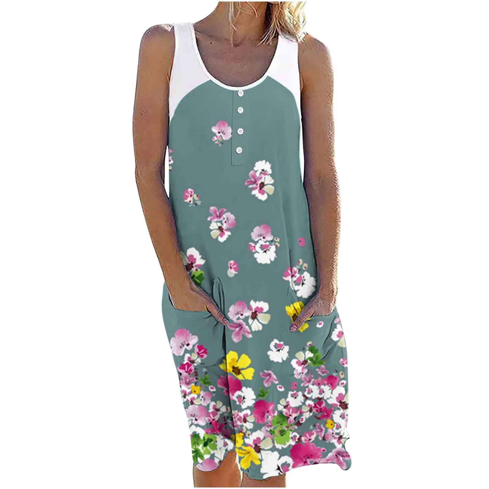 Women's Summer Sundresses - Casual Sleeveless V-Neck Tank Dress with Pleats, Knee Length & Pockets | Floral Print Maxi Dress with Ruffles & Faux Wrap Design | Perfect for Beach Vacations, Pool Parties & Summer Outings