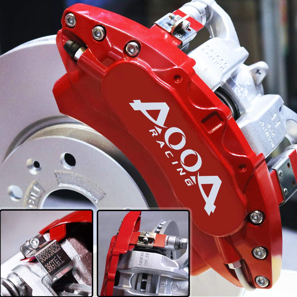 AOOA Red Brake Caliper Covers with White Characters - Set of 4 - Compatible with Ford Mustang EcoBoost - Perfect for Car Enthusiasts & Performance Upgrades