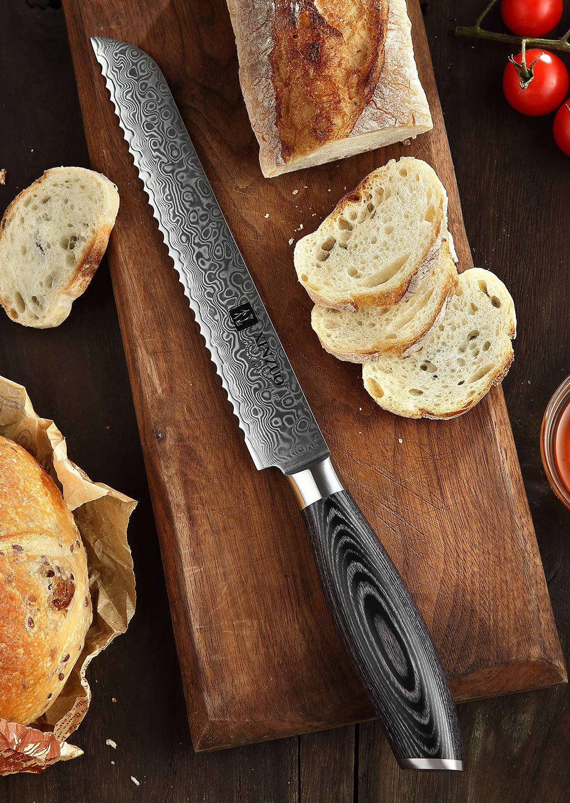 XINZUO 8 Inch Bread Knife - High Carbon 67 Layer Japanese VG10 Damascus Steel Chef Knife with Pakkawood Handle - Professional Kitchen Knife for Slicing Bread, Cake & Pastry - Perfect for Home Chefs & Bakeries