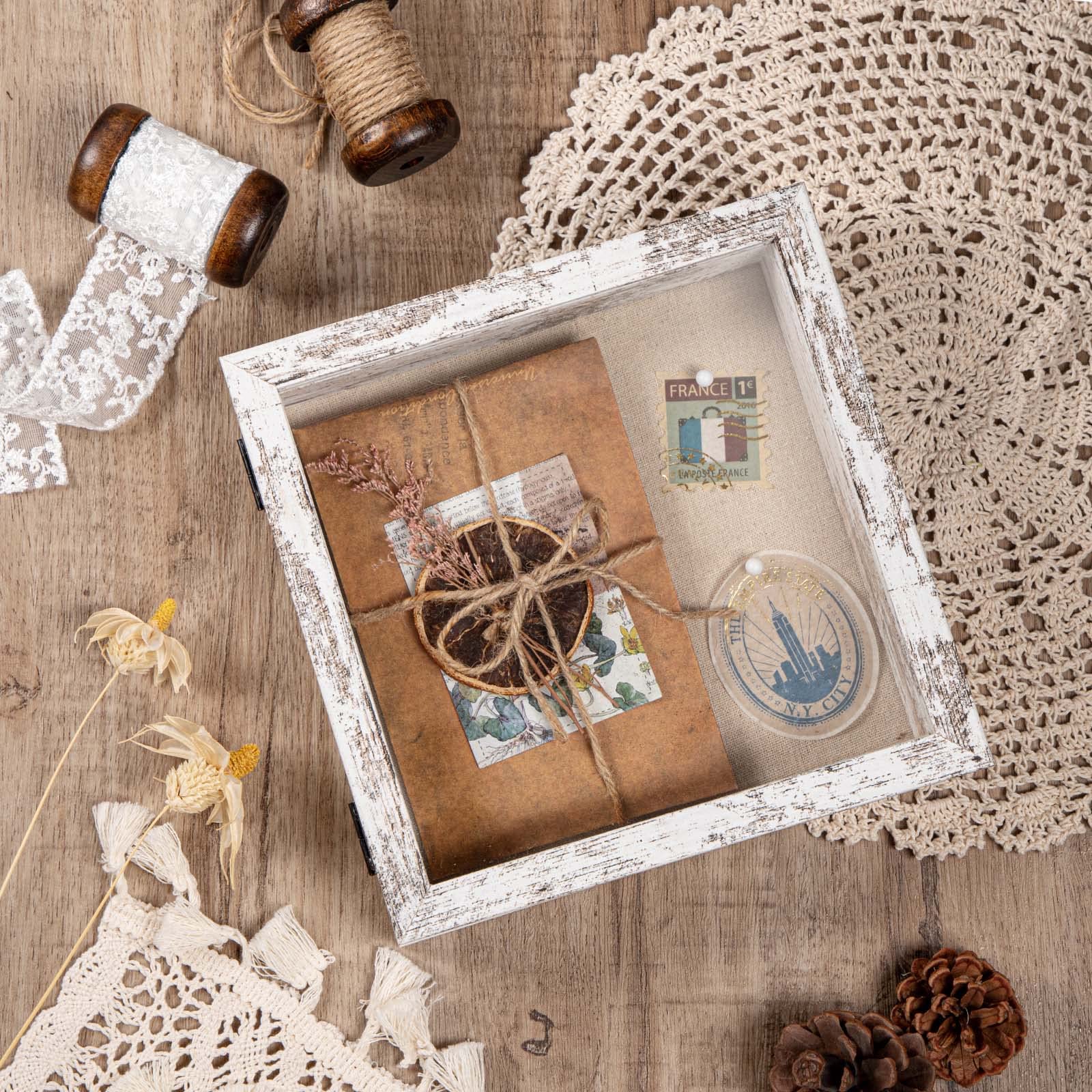 8x8 Shadow Box Frame with Soft Linen Back - Easy Opening Memory Display Case for Flowers, Pictures, Art and More - Rustic White - Perfect for Home Decor, Wedding Keepsakes, and DIY Craft Projects