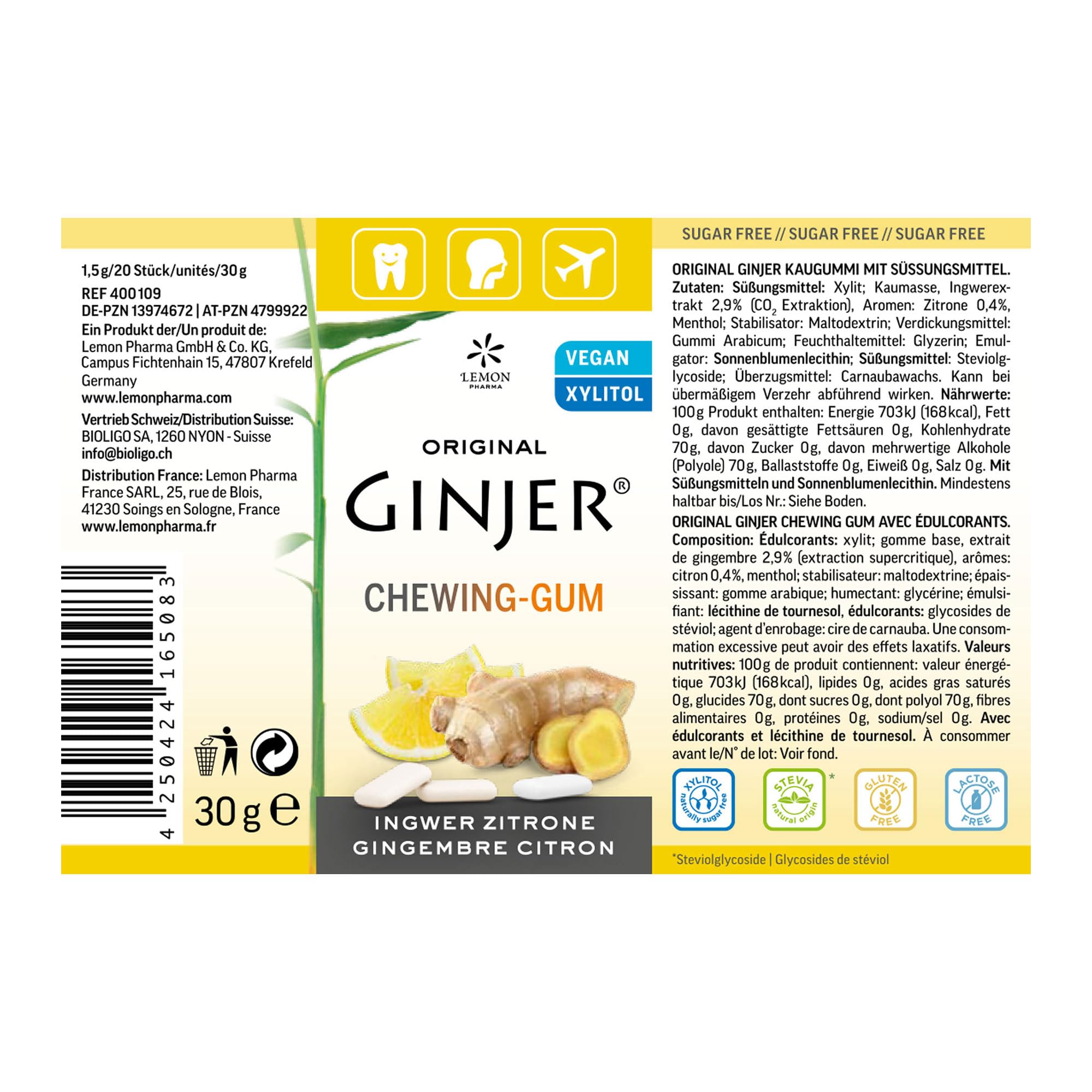 Ginjer® Lemon Xylitol Ginger Chewing Gum - Sugar Free, Aspartame Free, Gluten Free - Naturally Sweetened with Stevia & Xylitol - 30g Box (20 Pieces) - Freshen Breath & Aid Digestion - Perfect for Travel, Office & After Meals