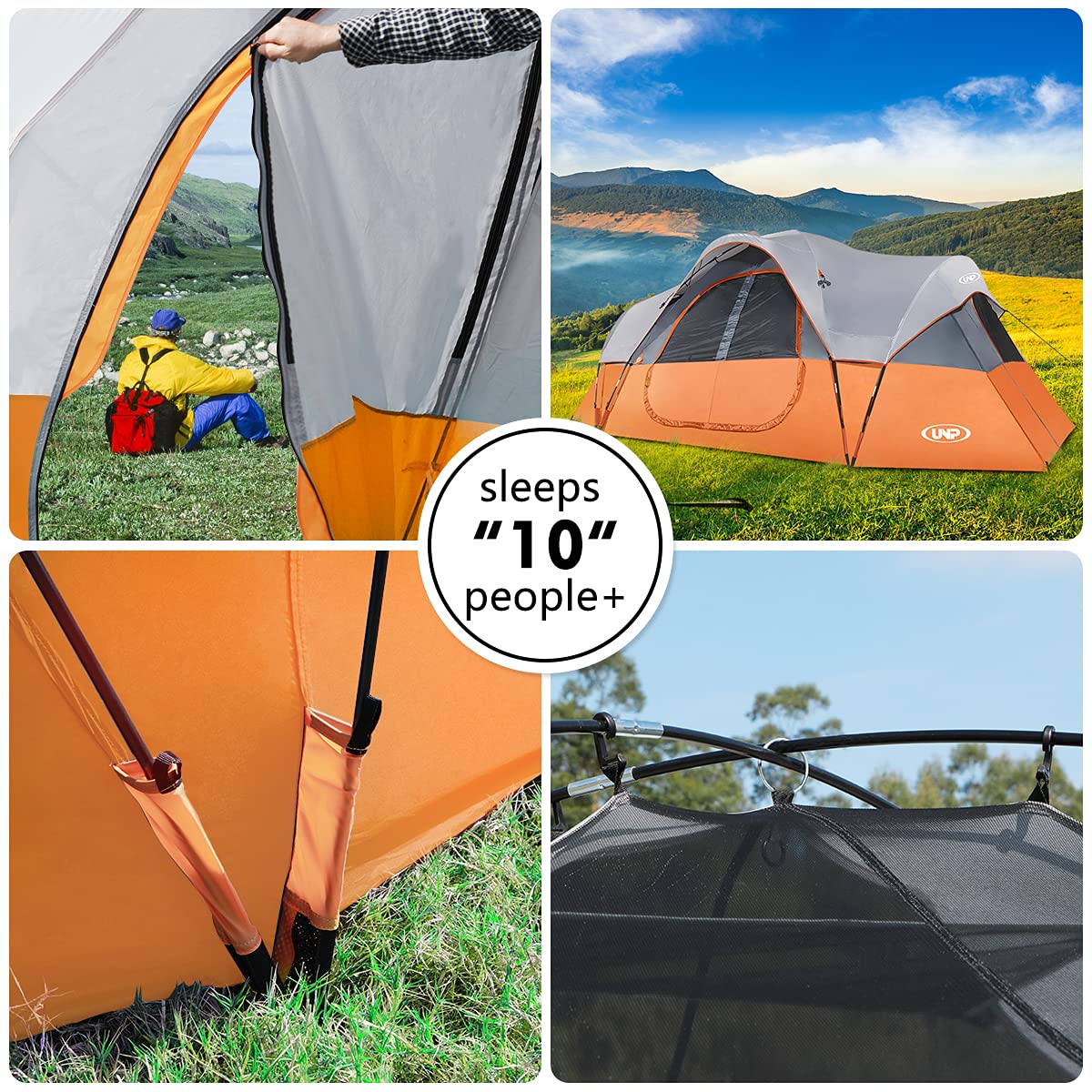 UNP 10-Person Family Camping Tent - Large Easy Setup 2-Room Shelter with 5 Mesh Windows | Waterproof & Weather Resistant (18'x9'x78