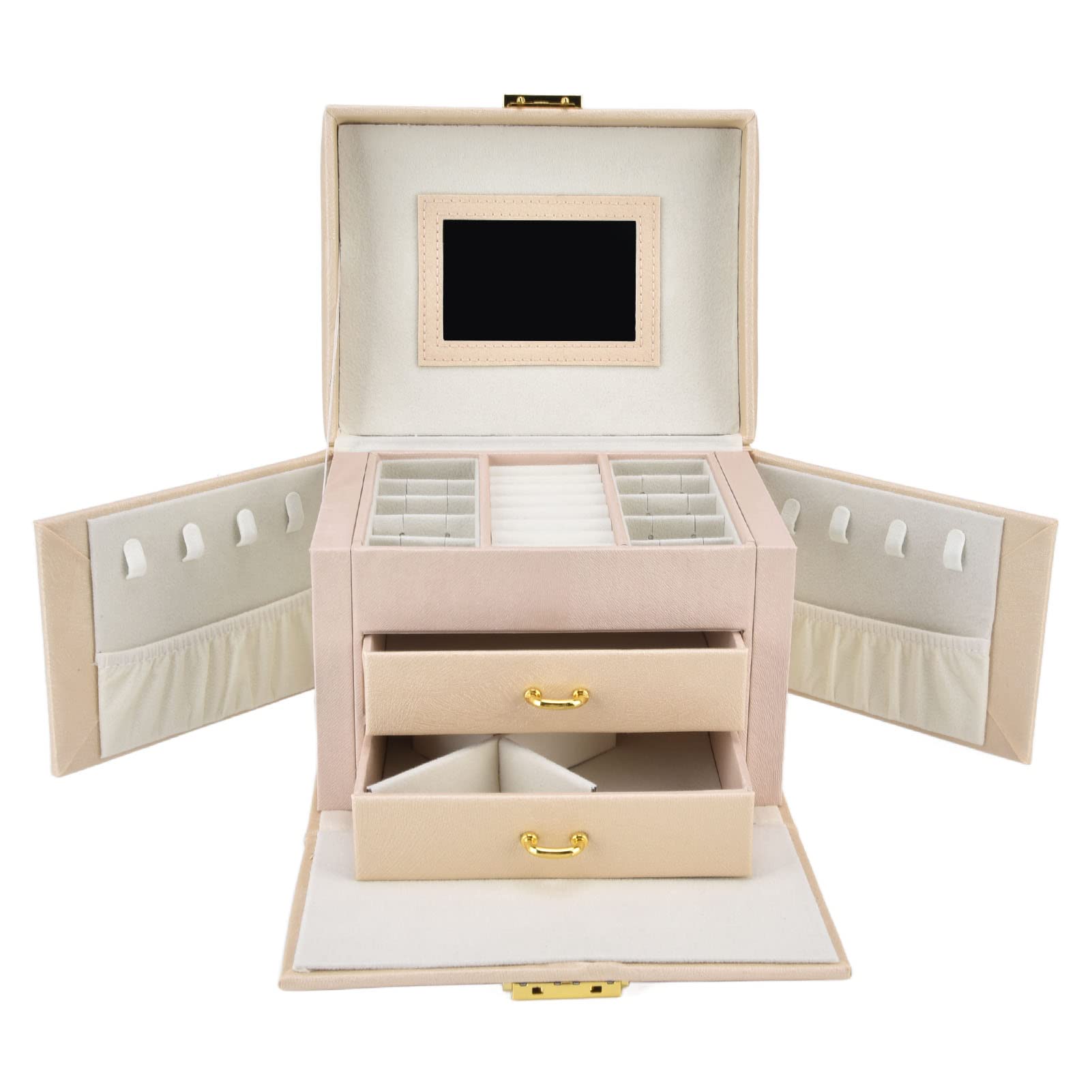 Garosa Travel Jewelry Organizer Box with Key - Double Drawers, 2 Side Doors, 10 Large & 8 Ring Compartments - Perfect for Rings, Earrings, Necklaces Storage | Portable Jewelry Case for Travel, Home, Gifts & Bridal Accessories