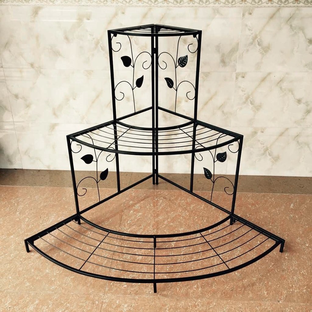 3-Tier Black Metal Plant Stand with Floral Design - Corner Shelf for Flower Pots, Planters & Shoe Storage - Large Size for Indoor/Outdoor Home & Garden Decor