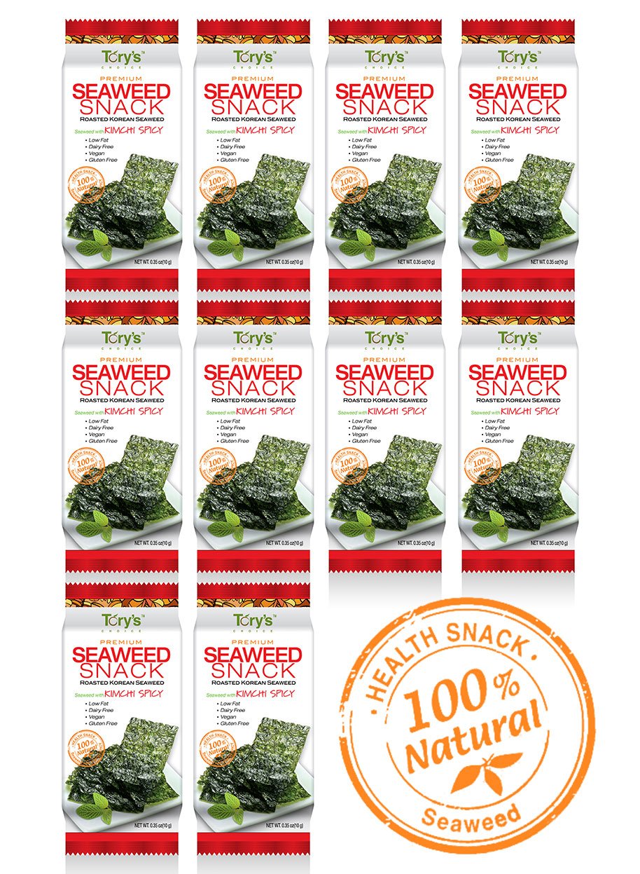 Organic Roasted Seaweed Snacks - Kimchi Spicy Flavor, 0.35oz (10 Pack) | Vegan, Gluten-Free Korean Seaweed Sheets | Perfect for Kimbap, Snacking & Lunch Boxes