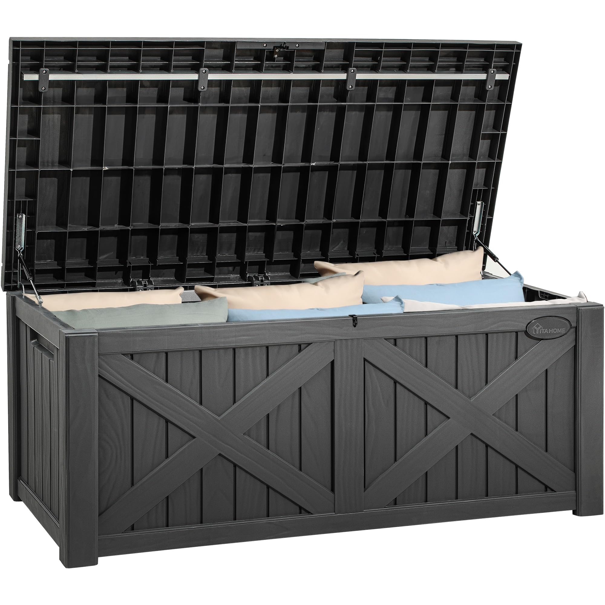 YITAHOME 120 Gallon Large Deck Box with X-Shaped Front, Waterproof Outdoor Storage Container for Patio Furniture, Pool Toys & Garden Tools - Lockable Resin Storage Bench (Dark Gray) - Perfect for Backyard, Poolside & Outdoor Organization