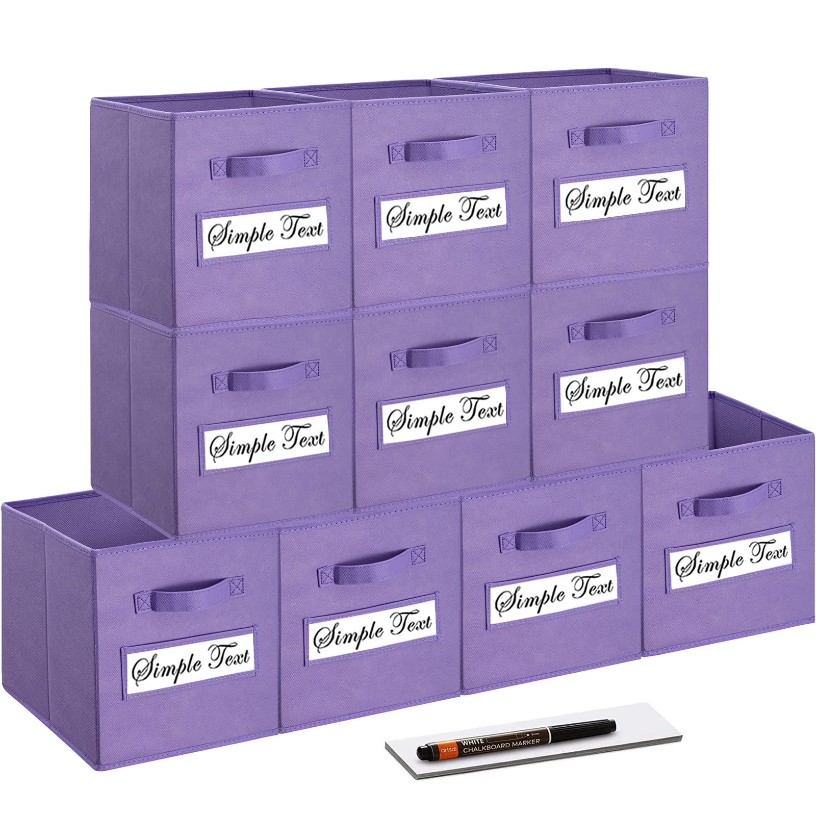 11 Inch Foldable Fabric Storage Cubes (Set of 10) - Purple Closet Organizers with Labels & Pen - Perfect for Shelves, Toy Storage & Home Organization Bins