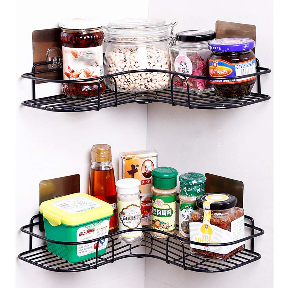 Black Iron Wall-Mounted Corner Shelf Set of 2 - Bathroom & Kitchen Storage Organizer for Shower, Toiletries & Small Items - Rustproof Non-Perforated Triangle Shelves for Home, Apartment & RV Use
