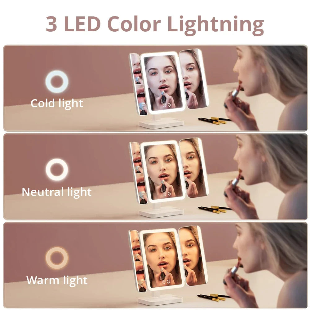 LED Trifold Makeup Mirror with Adjustable Brightness - 360° Rotation Vanity Mirror for Professional Makeup, Skincare & Travel - Perfect for Home, Salon & On-the-Go Beauty Routine