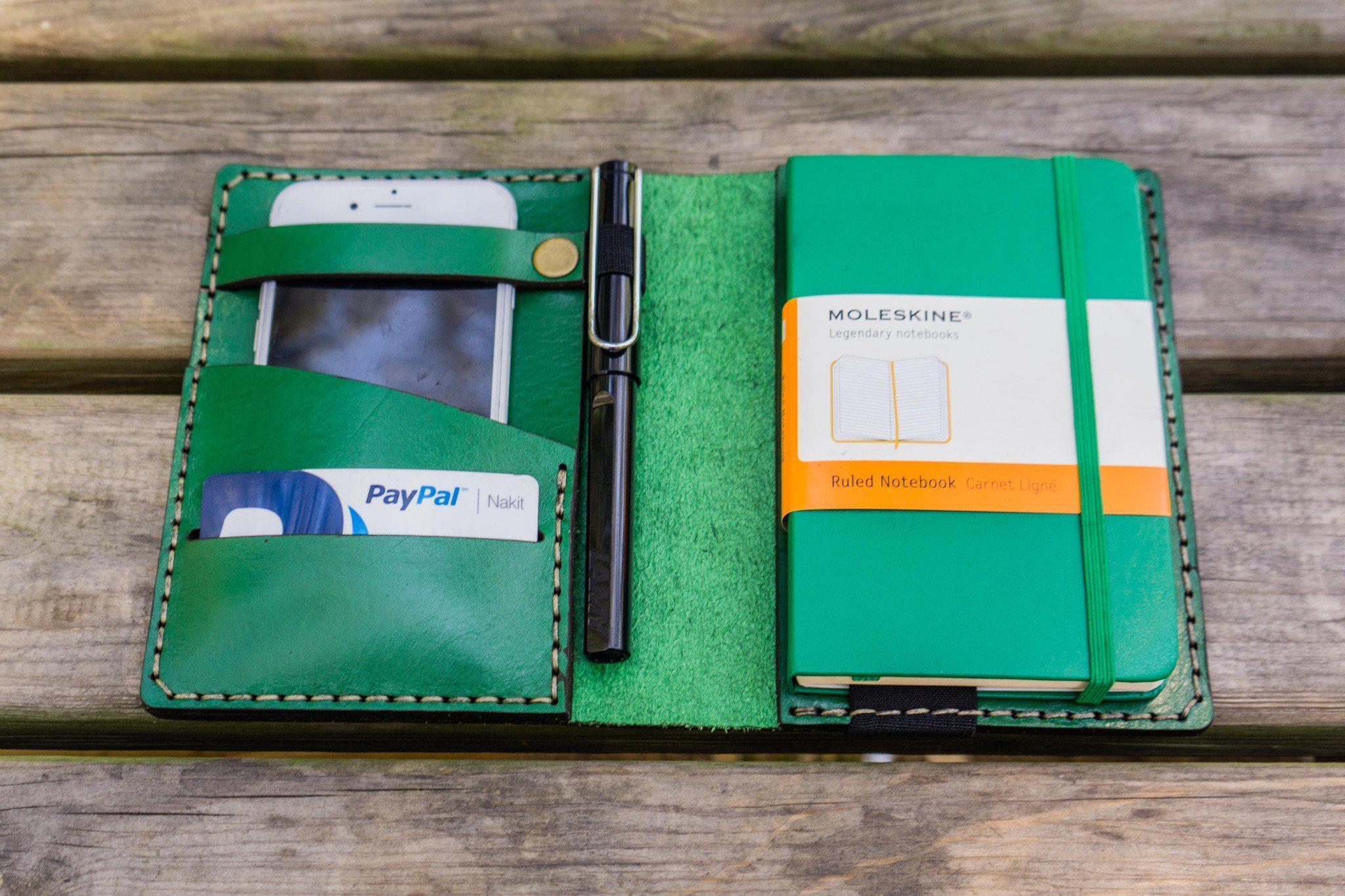 Premium Green Leather Pocket Moleskine Journal Cover - Handmade Genuine Leather Notebook Holder for Travel, Work & Daily Use