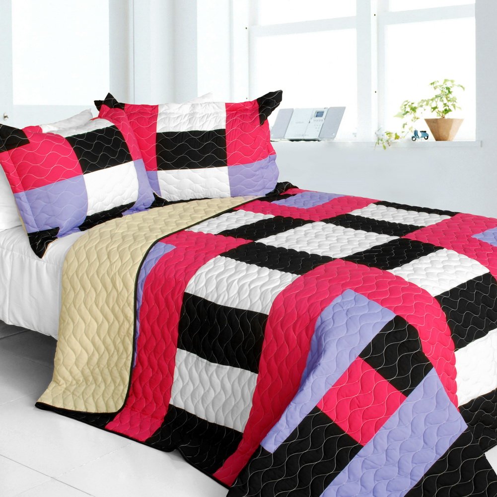 Kamelia Vermicelli-Quilted Patchwork Geometric Quilt Set Full/Queen Size - Soft Bedding for Cozy Bedroom Decor & Guest Room Essentials