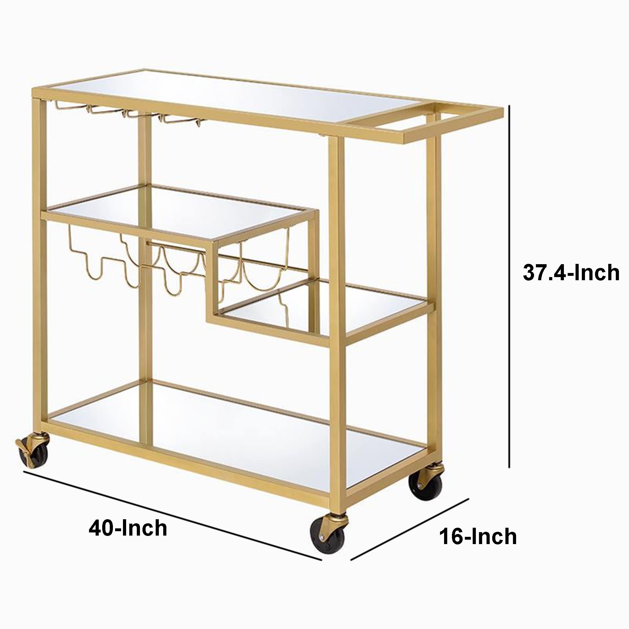 Benjara Gold Metal Serving Cart with Wine Bottle Holder - Elegant Clear Glass Top for Home Bar, Kitchen, and Outdoor Entertaining