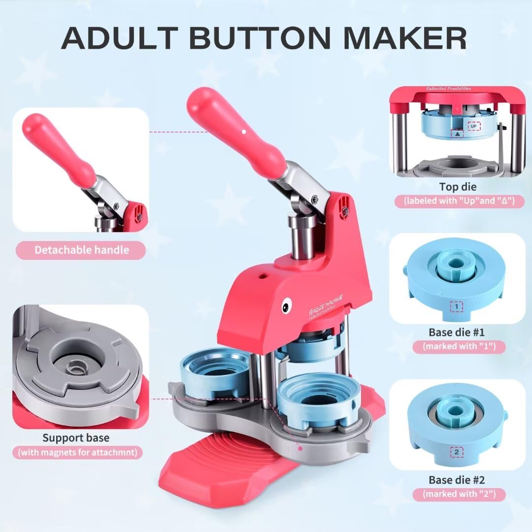 Button Pin Maker Machine Kit - 300 Pcs 1'', 1.25'', 2.25'' Badge Press with Dies, Refills & Circle Cutters for DIY Custom Pins - Perfect for Events, Parties, Fundraisers & Craft Projects