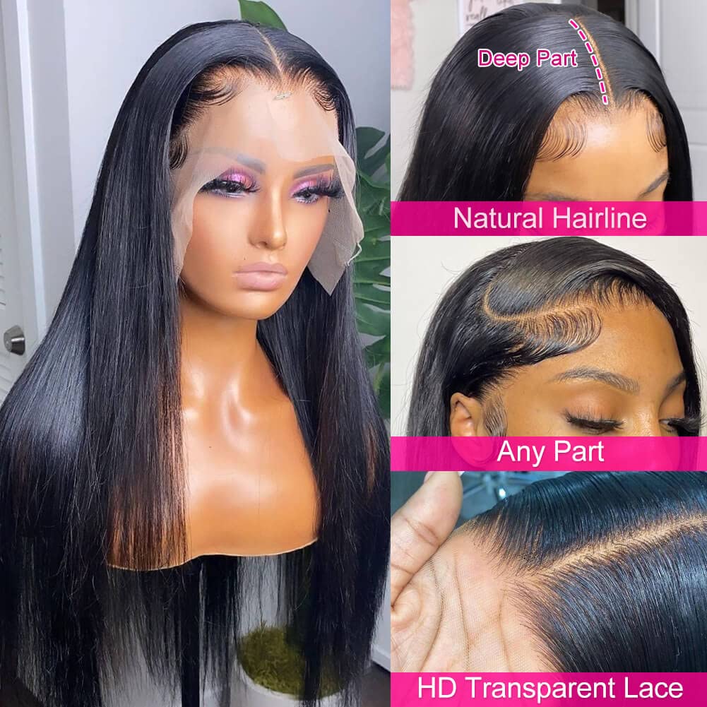 Mengkai 13x6 Straight Lace Front Wig Human Hair - Pre Plucked with Baby Hair, HD Transparent Lace, 180% Density, 30 Inch Glueless Wigs for Women - Perfect for Daily Wear, Cosplay, and Special Occasions
