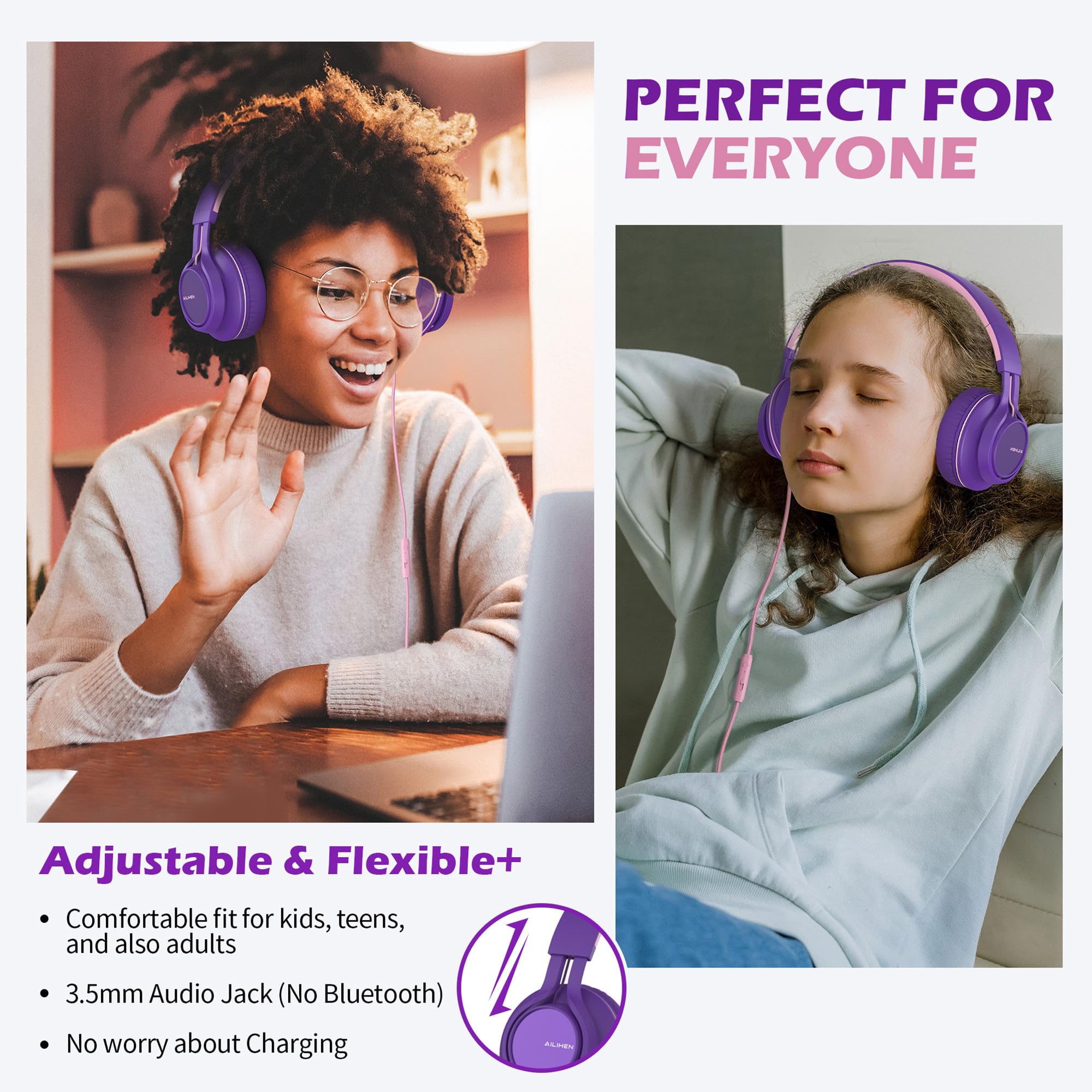 AILIHEN C8 Girls Headphones - Wired On-Ear Headset with Microphone, Volume Control & Foldable Design - 3.5mm Stereo Audio for School, Chromebook, Laptop, PC & Tablet - Perfect for Online Classes, Travel & Home Use (Purple Pink)