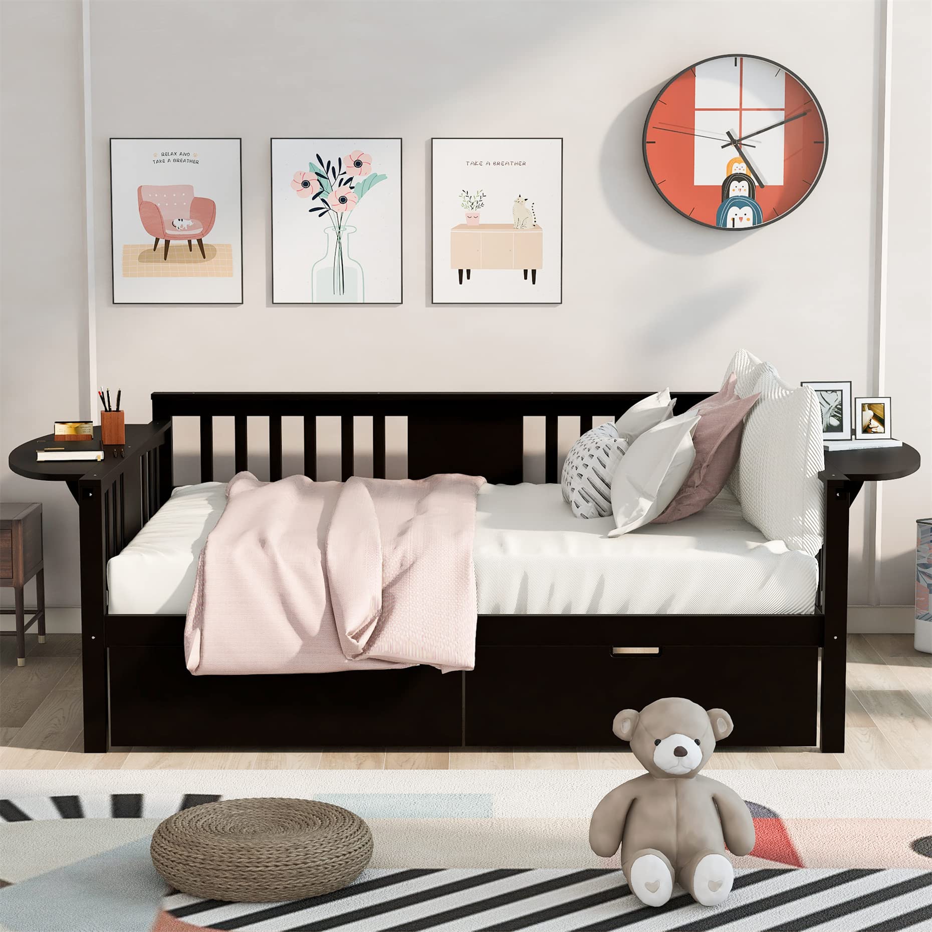 Wooden Full Size Daybed with Storage Drawers & Foldable Table - Convertible Sofa Bed for Bedroom, Living Room, Guest Room (Espresso Finish, 2 Drawers) - Perfect for Small Spaces, Sleepovers & Multi-Functional Furniture Needs