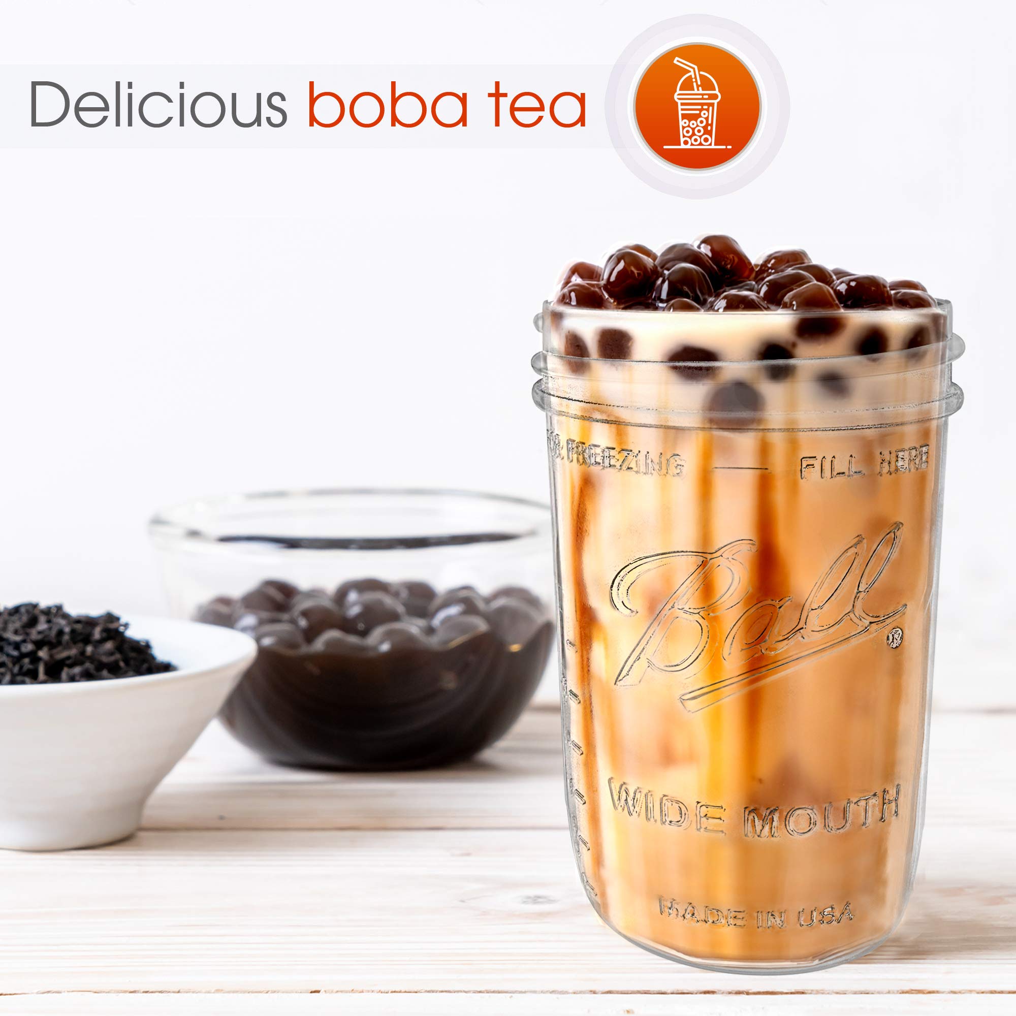 Reusable 16 oz Wide Mouth Mason Jars Glass Cups for Smoothies, Boba Tea & Bubble Tea - 2 Pack with Lids & Gold Straws | Perfect for Home, Office & Cafe Use | Capsule Classic Brand