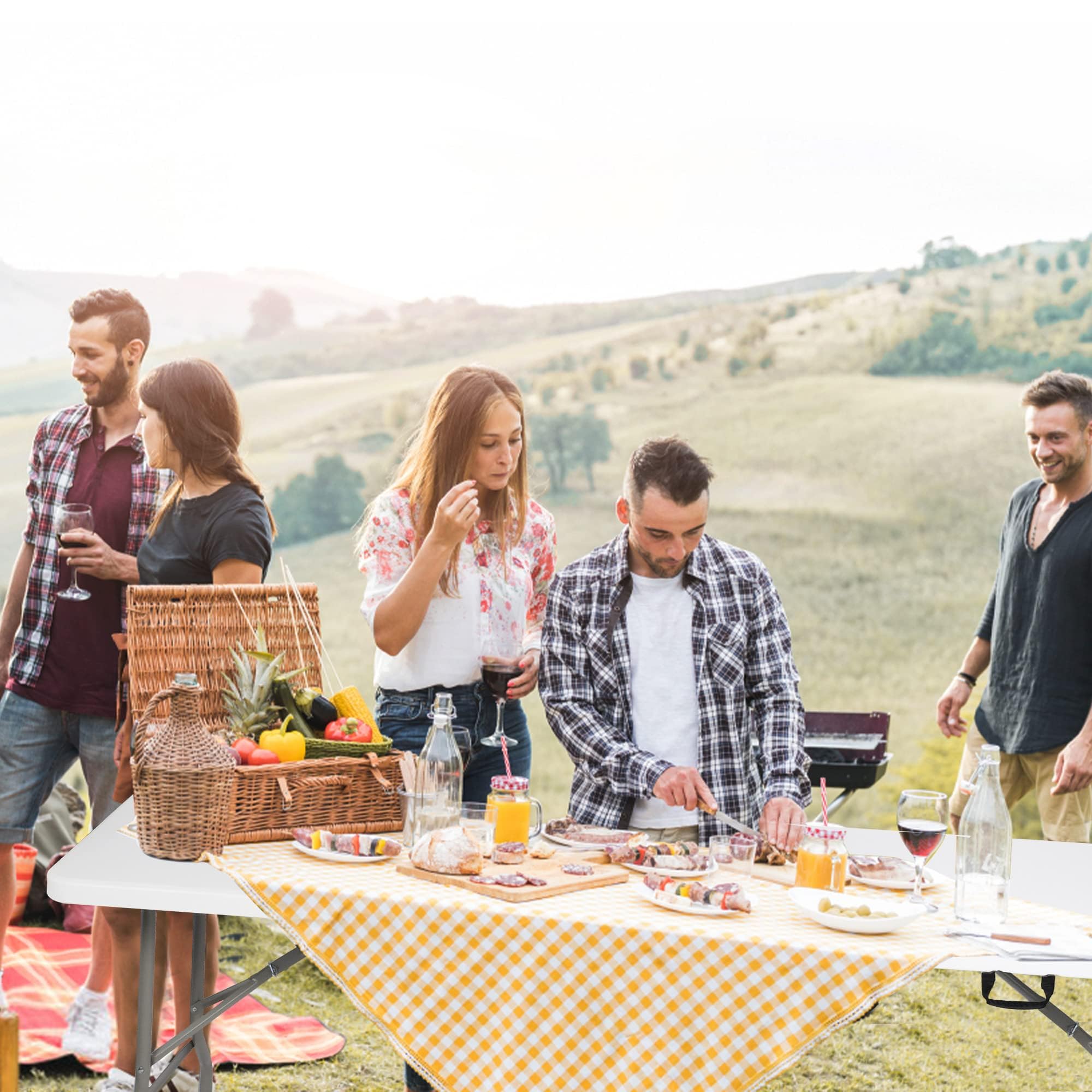 8FT Heavy Duty Folding Table - Portable Indoor Outdoor Camping Party Table with HDPE Tabletop & Carrying Handle - White - Perfect for BBQs, Picnics, Tailgating and Outdoor Events