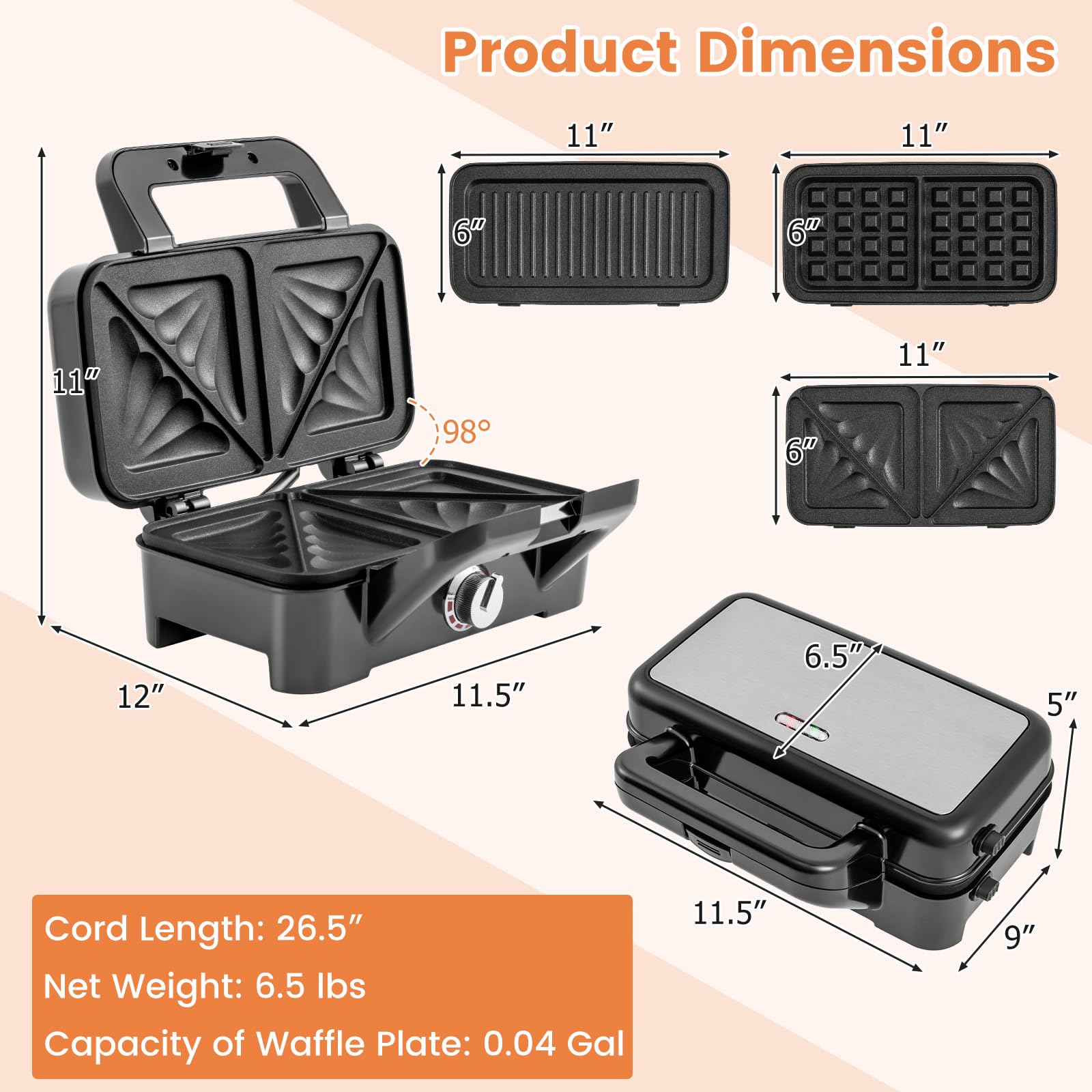 COSTWAY 3-in-1 Sandwich Maker & Waffle Iron, 1200W Electric Grill with 3 Interchangeable Non-Stick Plates, 5-Temperature Settings for Perfect Grilled Cheese, Panini Press & Breakfast Waffles - Ideal for Home, Office & Quick Meals